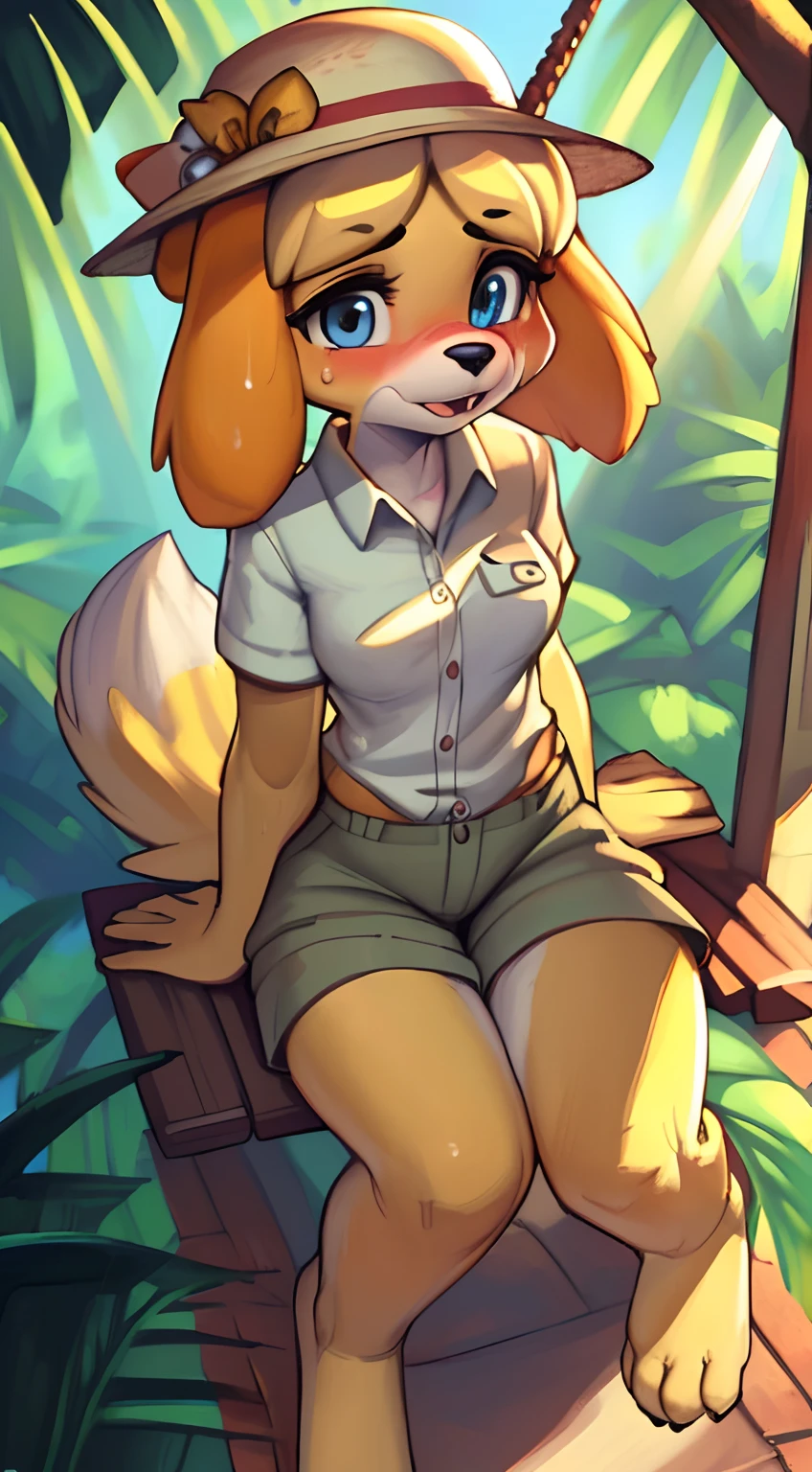 [isaCrossing], [Isabelle; Animal Crossing], [Uploaded to e621.net; (Pixelsketcher), (wamudraws)], ((masterpiece)), ((solo portrait)), ((bird's-eye view)), ((furry; anthro)), ((detailed fur)), ((detailed shading)), ((beautiful render art)), {anthro; (yellow fur, black nose), small brown eyebrows, cute surprised blue eyes, mouth open, (blushing), (sweat on face), blonde hair, fluffy tail, (beautiful feet)}, {(straw hat), (bells on hat), (white button-up shirt), small boobs, (khaki shorts)}, {(sitting on swing), (looking back) (pigeon-toed)}, [background; (tropical trees), (safari), (sun rays)]