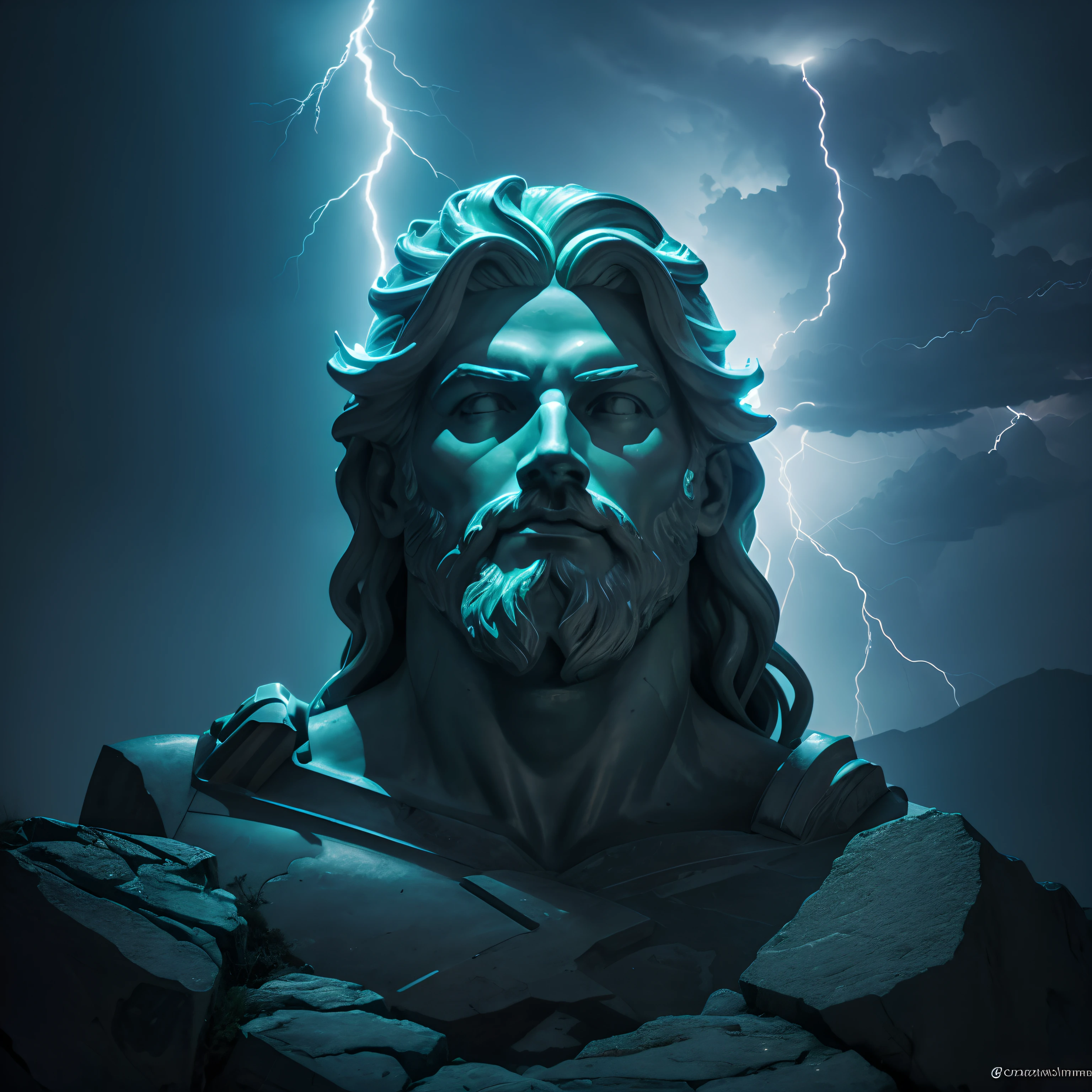 (neon lightning around the head:1.1), monumento, (Head Close-up), epic scene of zeus, lightnings, foco nítido, fantasia, arte conceitual, dynamic lighting, Epic composition, estilo Michelangelo