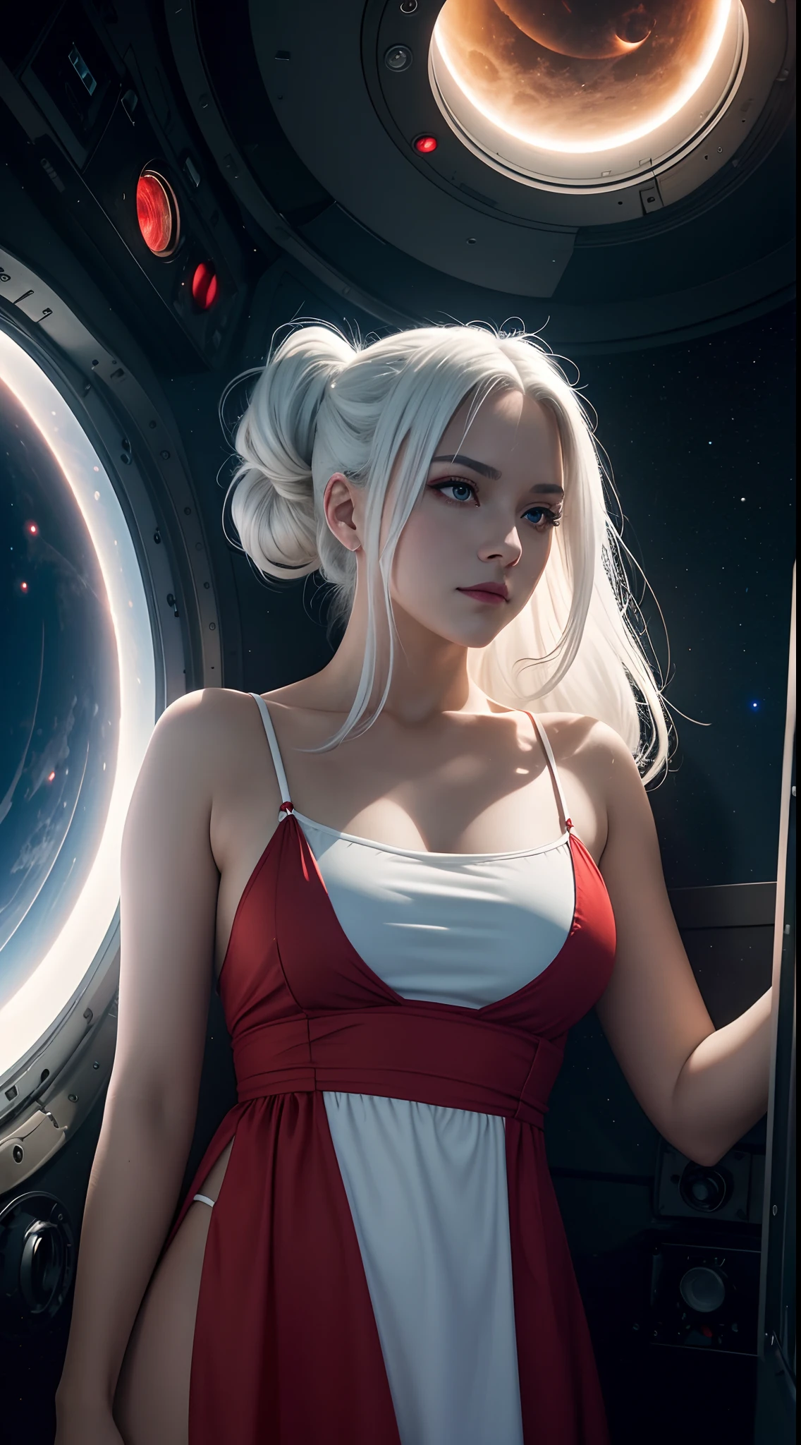 Masterpiece, High quality, hcnone, 1girll, White hair, pony tails, Red slip dress, Cosmic background outside the porthole of a spaceship, Warm gaze, Solar eclipse background