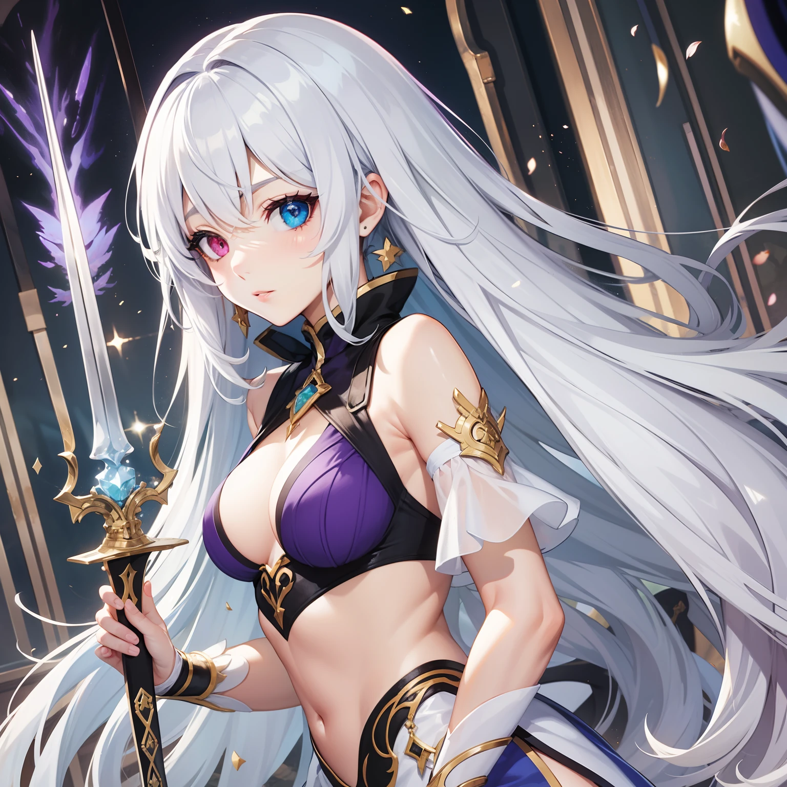 estilo anime. garota. A world of swords and sorcery. white underwear. minissaia. ordenha. Sentar e abrir a virilha. Heterochromia Red and violet eye Long white hair