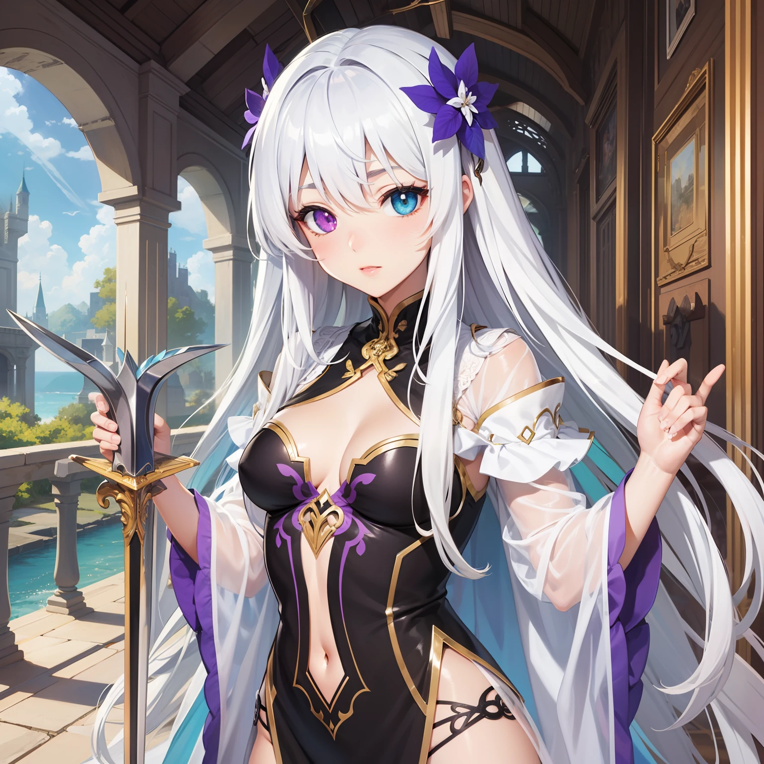 estilo anime. garota. A world of swords and sorcery. white underwear. minissaia. ordenha. Sentar e abrir a virilha. Heterochromia Red and violet eye Long white hair