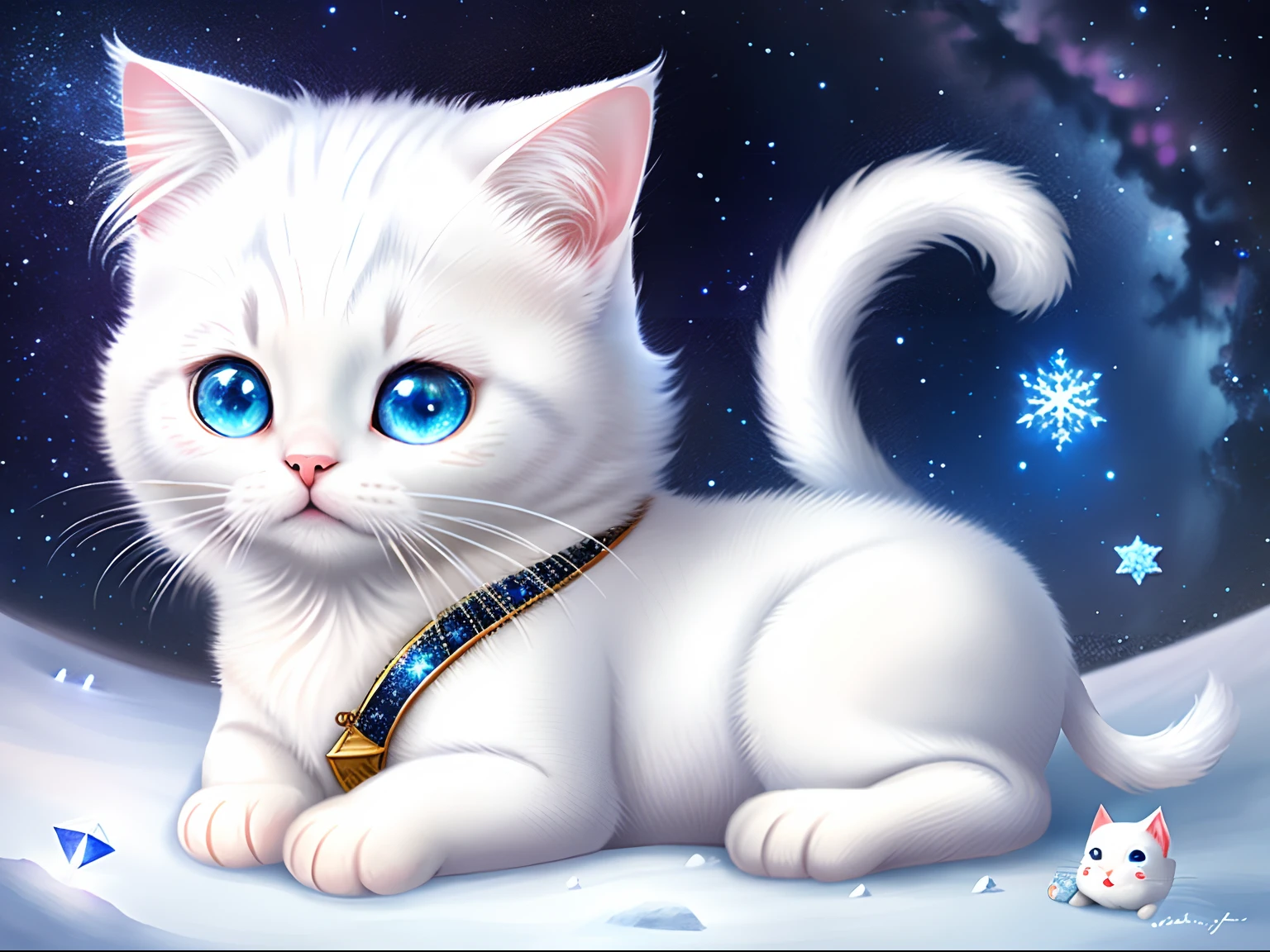 Cute white cat little girl，largeeyes，Star-sparkled，super detailing，snowfield