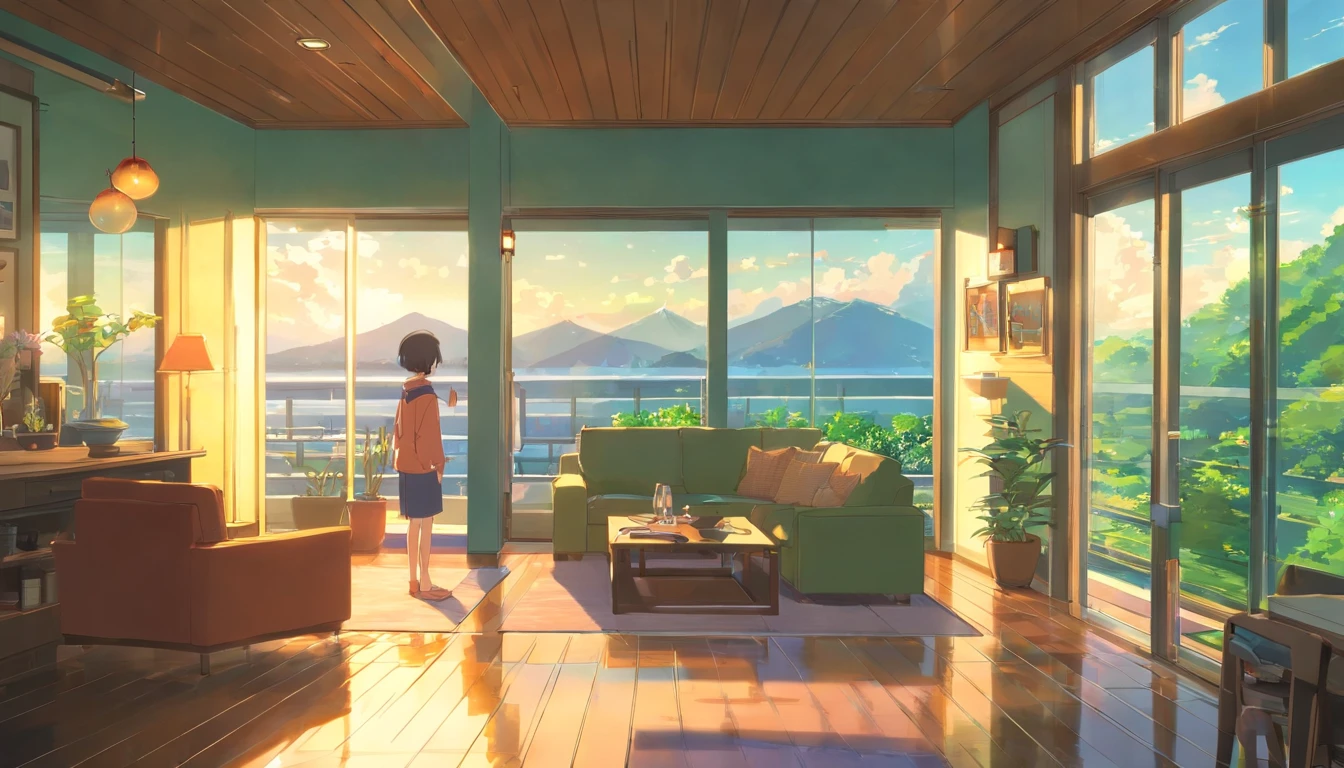 (obra prima) (ultrarealista) house of glass, paisagem ampla, casal e menina