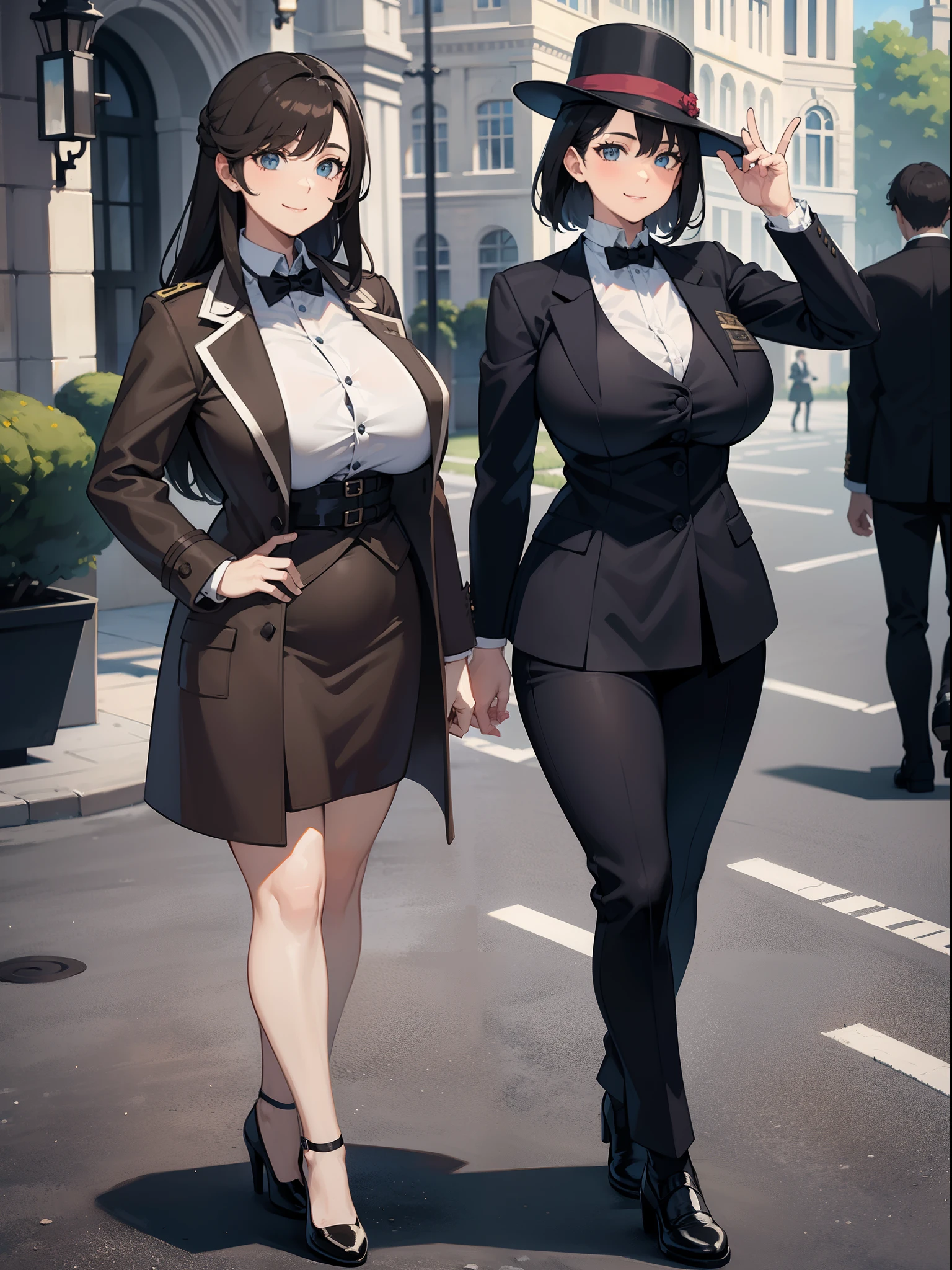 sherlock holmes & watson,
huge huge huge huge huge huge busty 2 girls assemble,
sherlock holmes girl brown glen check frock coat,
side standing watson girl white formal suits,
detective,
gently,
elegance,
wind,
smile,
london,
baker street,
british,
real face,
real body,
real background,
((((masterpiece)))), high quality, very_high_resolution, large_filesize, full color,