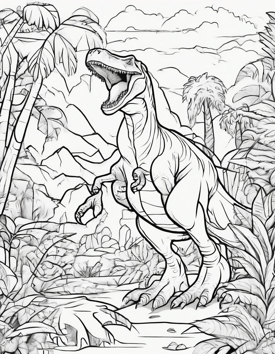 colouring page for kids,Tyrannosaurus rex in Jungle, cartoon style, thick lines, low details, no shading,--ar 9:11,--v5-