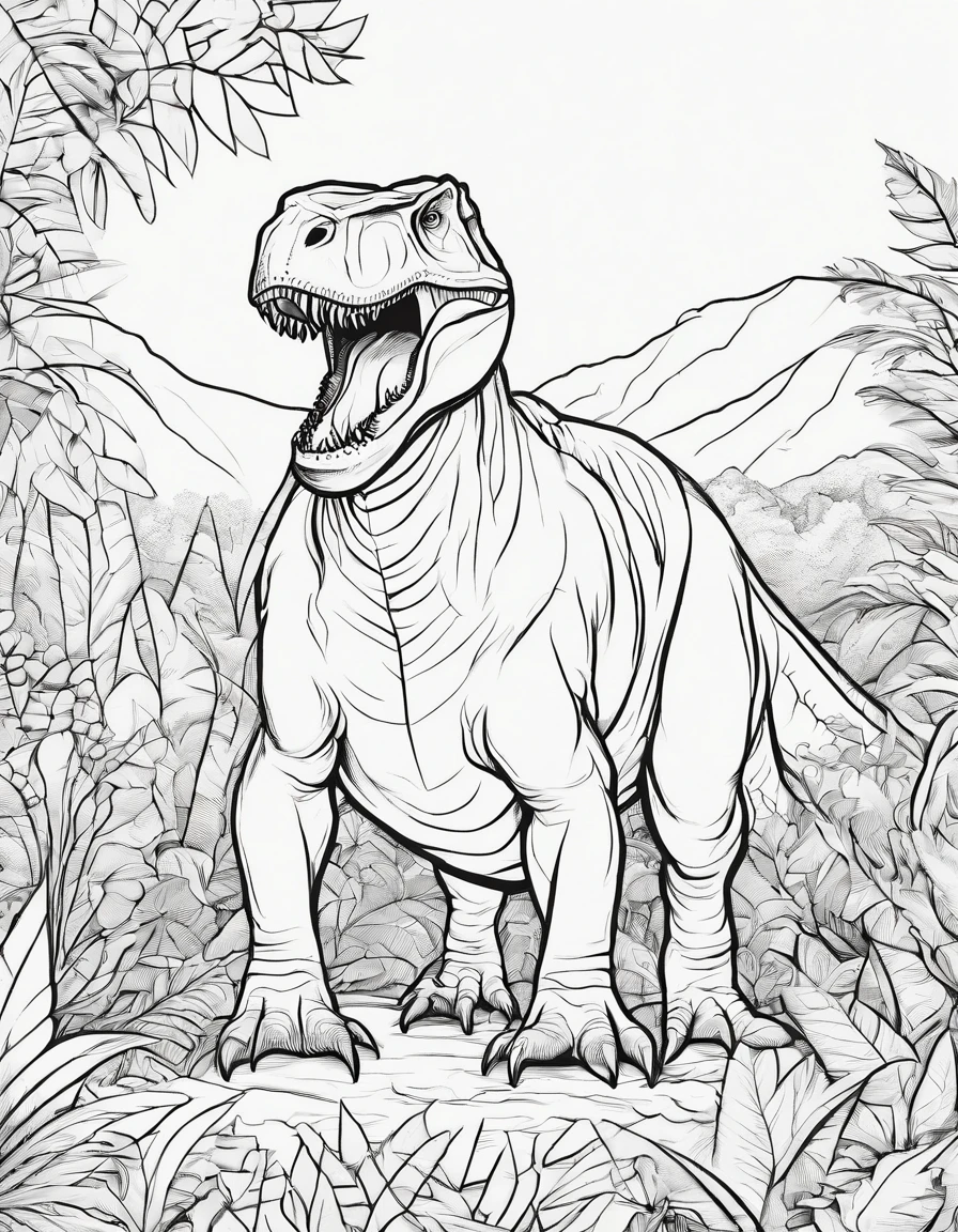 colouring page for kids,Tyrannosaurus rex in Jungle, cartoon style, thick lines, low details, no shading,--ar 9:11,--v5-