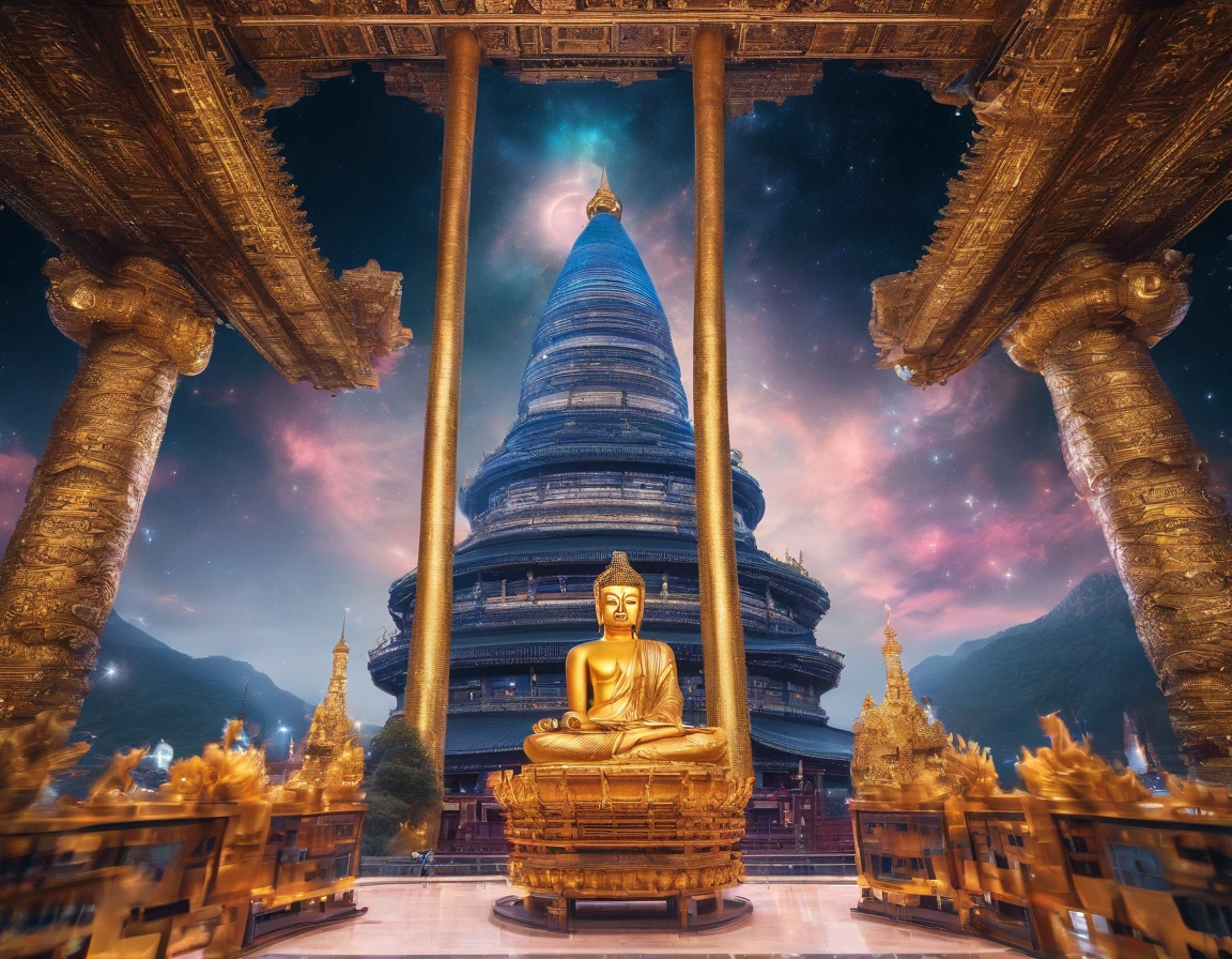 A huge golden Buddha statue rushed into the clouds,Pilgrims on the road,Light smile,China-style,In the distance, surrealism, stereograms, tachi-e, Atmospheric perspective, hyper photorealism, Cinematic lighting, god light, Super detail, ccurate, Best quality, Masterpiece, 16k, High details, A high resolution, Award-Awarded, Super detail, Anatomically correct