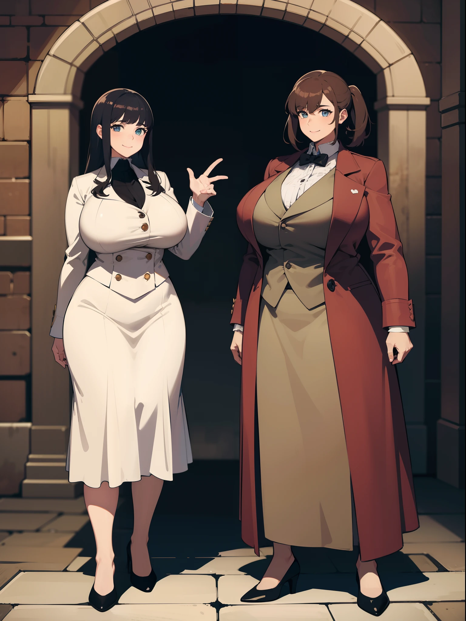 noi,muscular girl, huge chest, tall woman, curved, coat, nun, priestess, vest, trousers, skirt, modest, coat, walking, long dress, long dress, victorian clothing, fur clothing,shirt, tiger ears, long skirt, 1girl, 1character, forest village, medieval, europe, silver hair