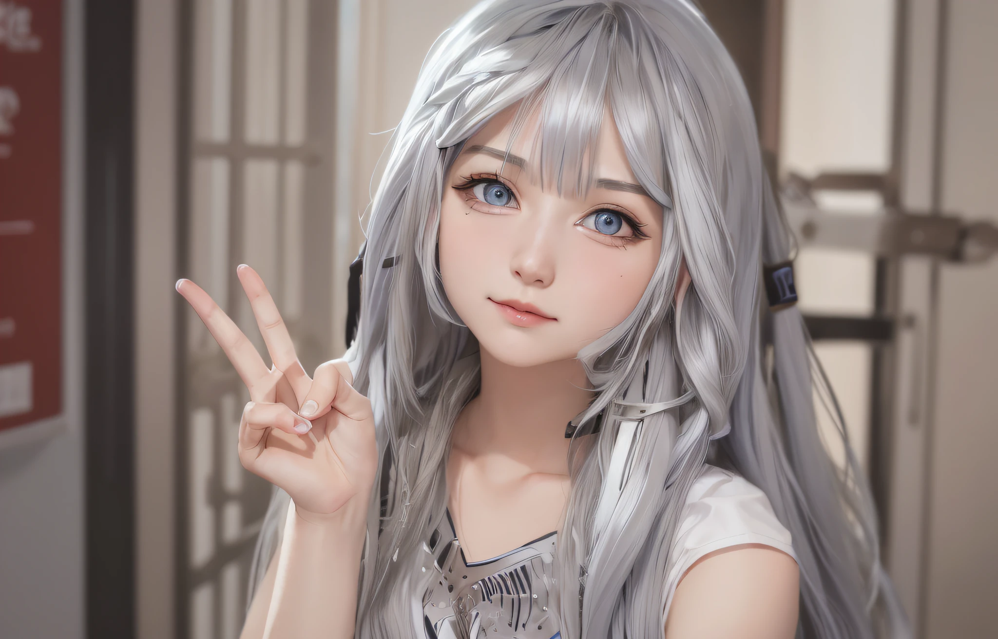 a close up of a person with long hair and a peace sign, anime girl cosplay, anime cosplay, anime girl, girl silver hair, anime girl in real life, silver hair girl, ahegao face, anime inspired, cute natural anime face, with white long hair, with long white hair, Vtuber, Vestia Zeta from Hololive