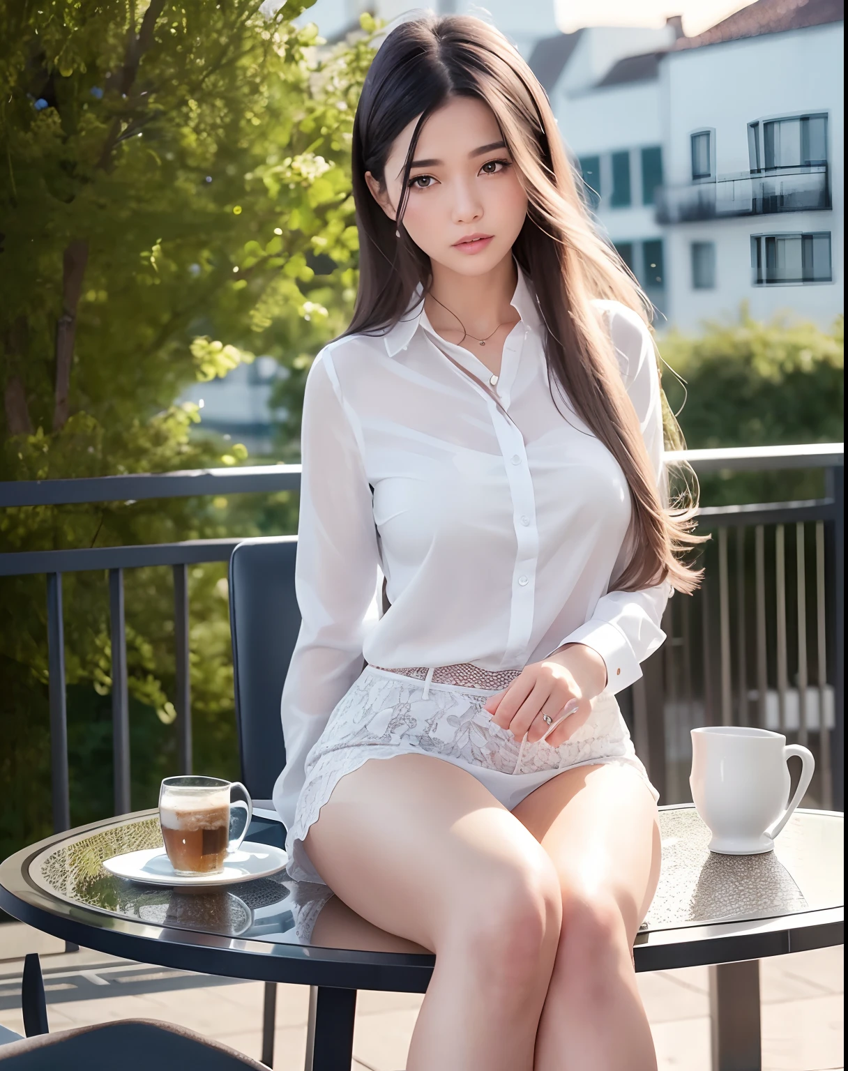 NSFW, (8k, best quality, masterpiece:1.2), (realistic, photo-realistic:1.37), ultra-detailed, 1 girl, looking at view, cute, beautiful detailed sky, detailed cafe, night, sitting, dating,(nose blush), sitting before a table, table with afternoon tea, (smile:1.15),(closed mouth) medium breasts,beautiful detailed eyes,(collared shirt:1.1), daytime, sunshine, business attire, rain,white lace, (long hair:1.4),silver hair NovaFrogStyle, uniform, white skin,cinematic light,sunshine,street light, (av actress: 4), full body image,(tea table:1),(hand bag:1), ulzzang-6500-v1.1:0.3, karinak-4501-6300:1.2