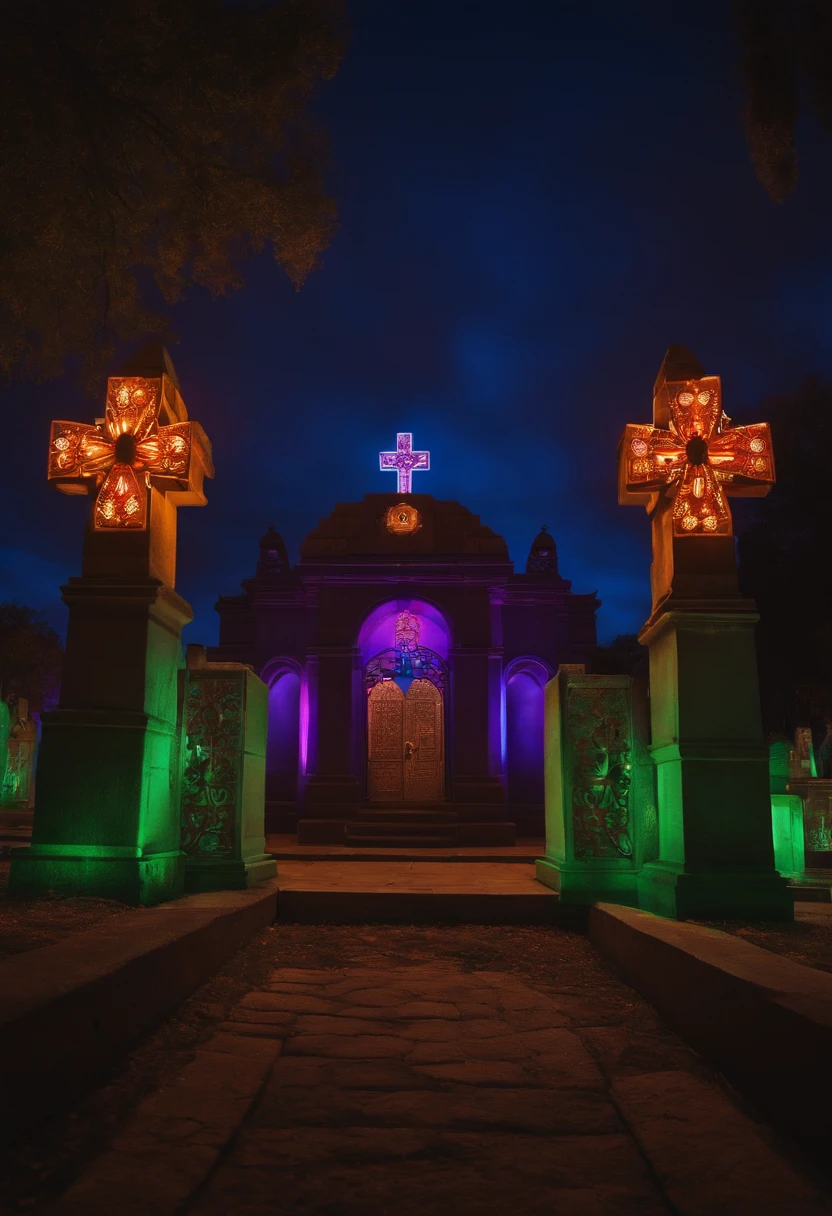 A background cemetery front view mexican neon without people dia de las muertos