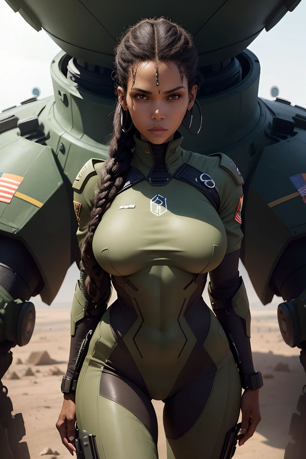 Halle Maria Berry as military officer, ebony, dark skin, soft curves, gigantic brests, full wet lips, perfect body, perfect abs, strong sense of three-dimensional by Chesley Bonestell, uturistic soldier in futuristic armor, portrait, facing the camera, muscular, camo green colors, face paint, in the middle of a battlefield