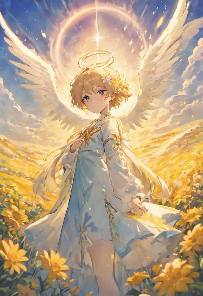 Anime handsome boy with white wings and halo in a flower field, beautiful angel, Angel handsome boy, Guviz-style artwork, Guweiz in Pixiv ArtStation, guweiz masterpiece, Portrait of a beautiful angel, beautiful fantasy anime, beautiful angel, full - body majestic angel，Exudes a divine light