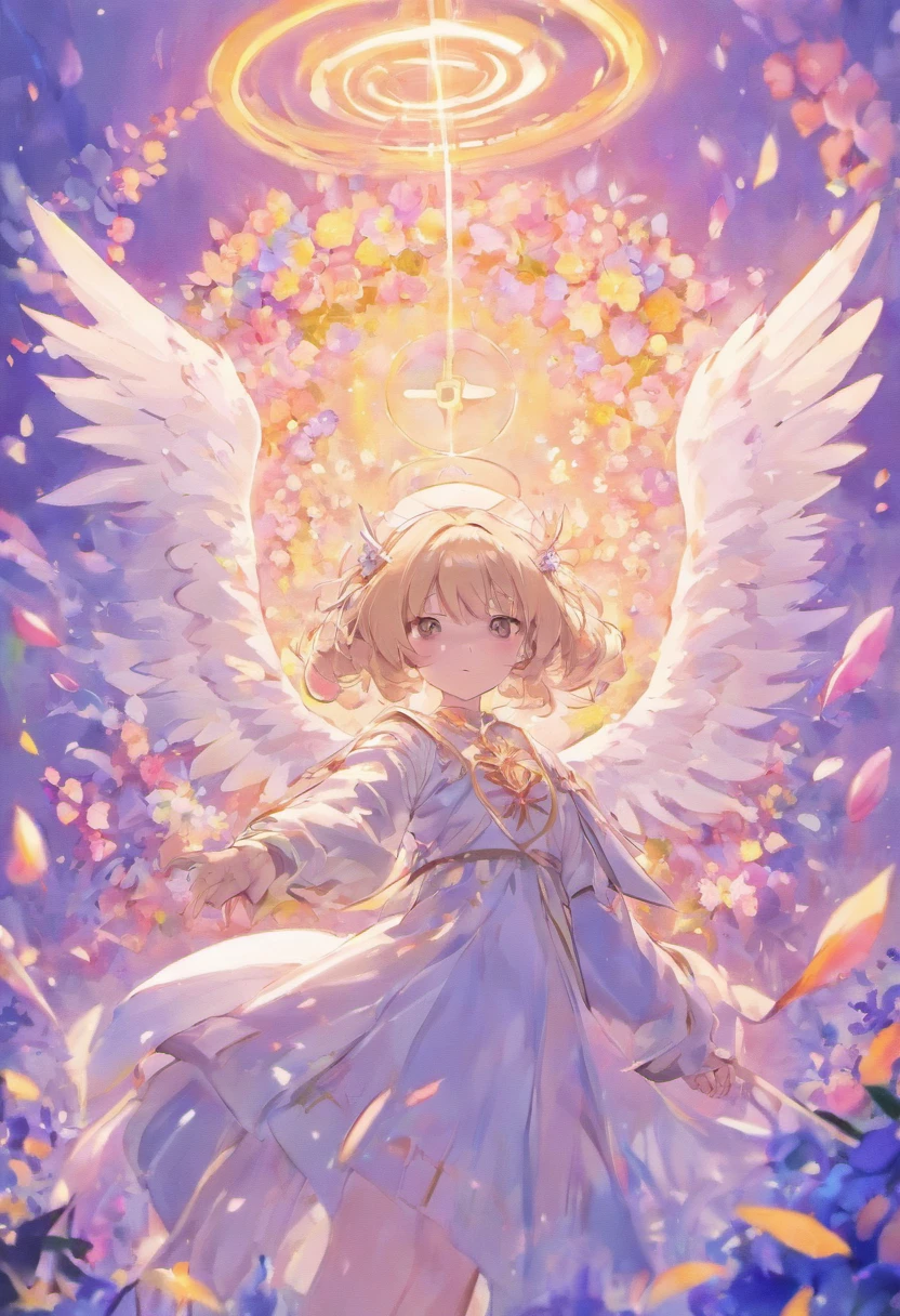 Anime handsome boy with white wings and halo in a flower field, beautiful angel, Angel handsome boy, Guviz-style artwork, Guweiz in Pixiv ArtStation, guweiz masterpiece, Portrait of a beautiful angel, beautiful fantasy anime, beautiful angel, full - body majestic angel，Exudes a divine light