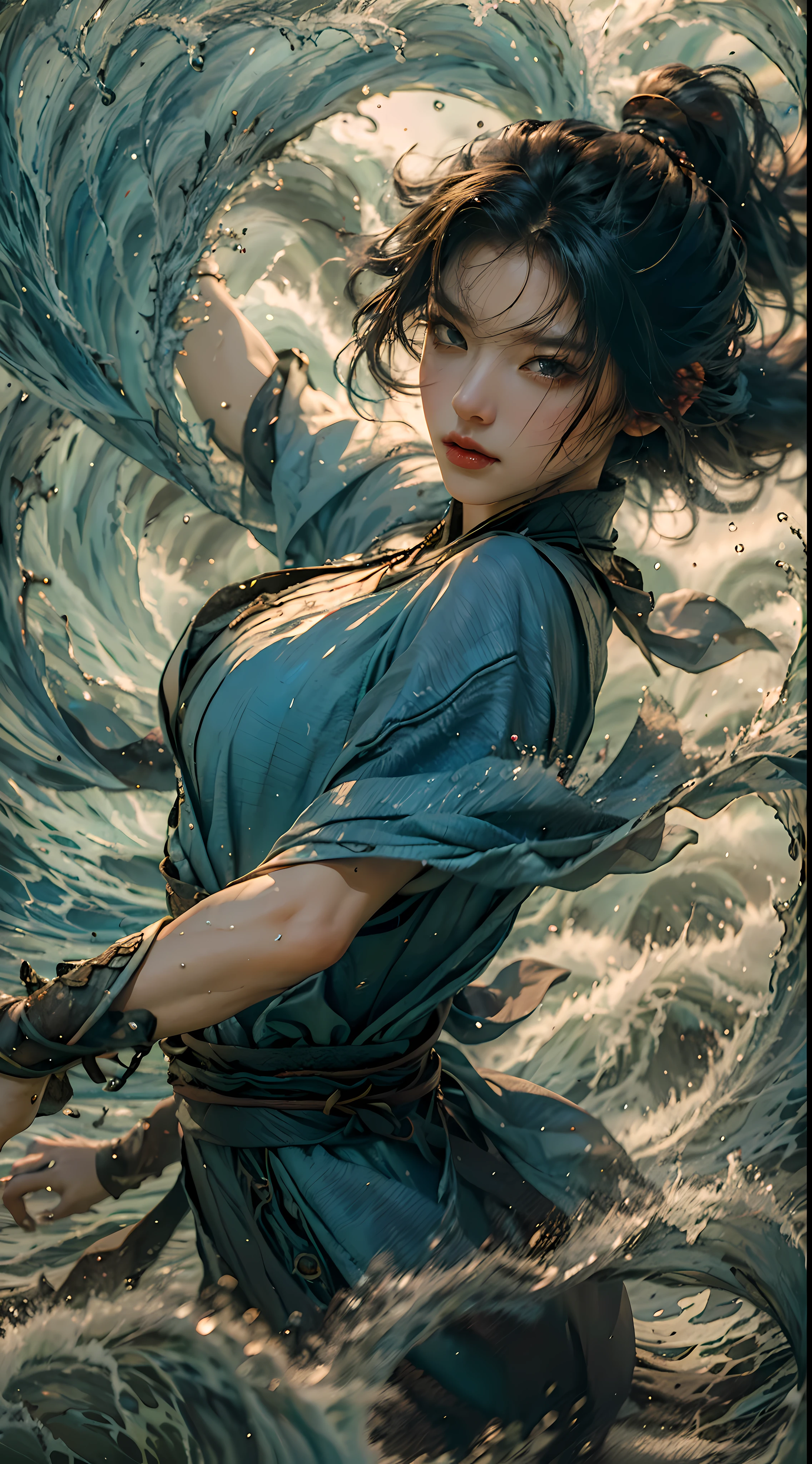 (Best quality,8K,High-res,Masterpiece:1.2),aquarelle,1girll,Solo,Black hair,water,Waves,Lips,Upper body,dynamicposes.