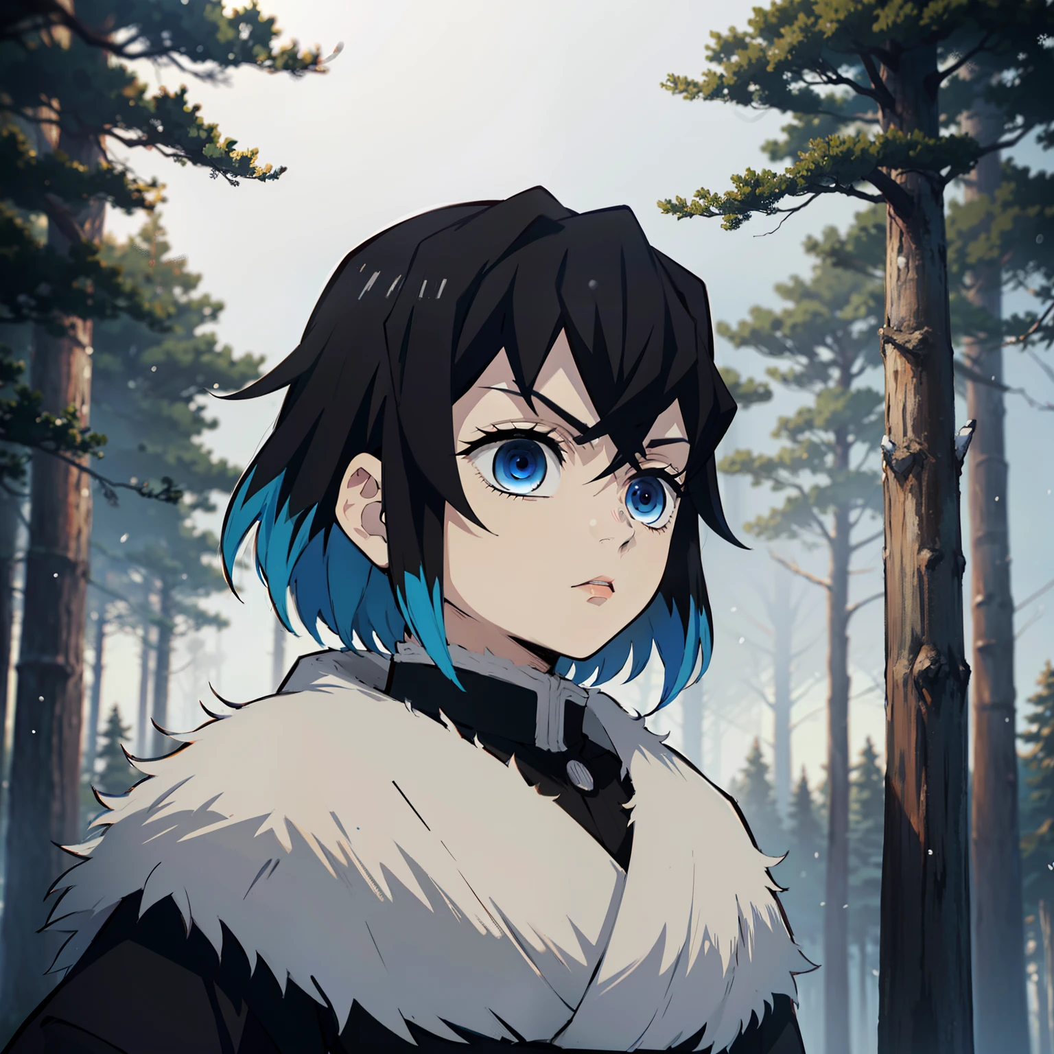 animesque, (Best Quality), ((1guy)) , The boy stands still (Young and young), (snowy forest with sunrise), (((Extremely short hair))), (((Black hair))), (((No bangs))), ((Cool blue eyes)), komono, Open Black Coat ((Black with snowflake pattern)), ((Hem of the waist)), The Art of Demon Slayer, demon slayer artstyle, Kimetsu no Yaiba, ((a closeup)), ((portrait of the))