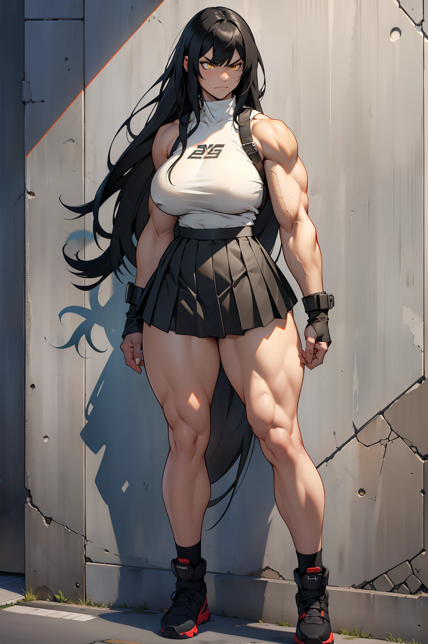 Best quality,8K,ultra high res:1.5),(Pretty very very long ponytail hair tied with red ribbon girl),(very voluptuous body),(very voluptuous thigh),(body builder girl:1.5),(wide muscle:1.8),(light smile),(eyes to camera),(light black hair),(red short skirt),(small nipples),(sexy abdominal muscles),(standing),(black shoes),(blue eye ball),(naked)