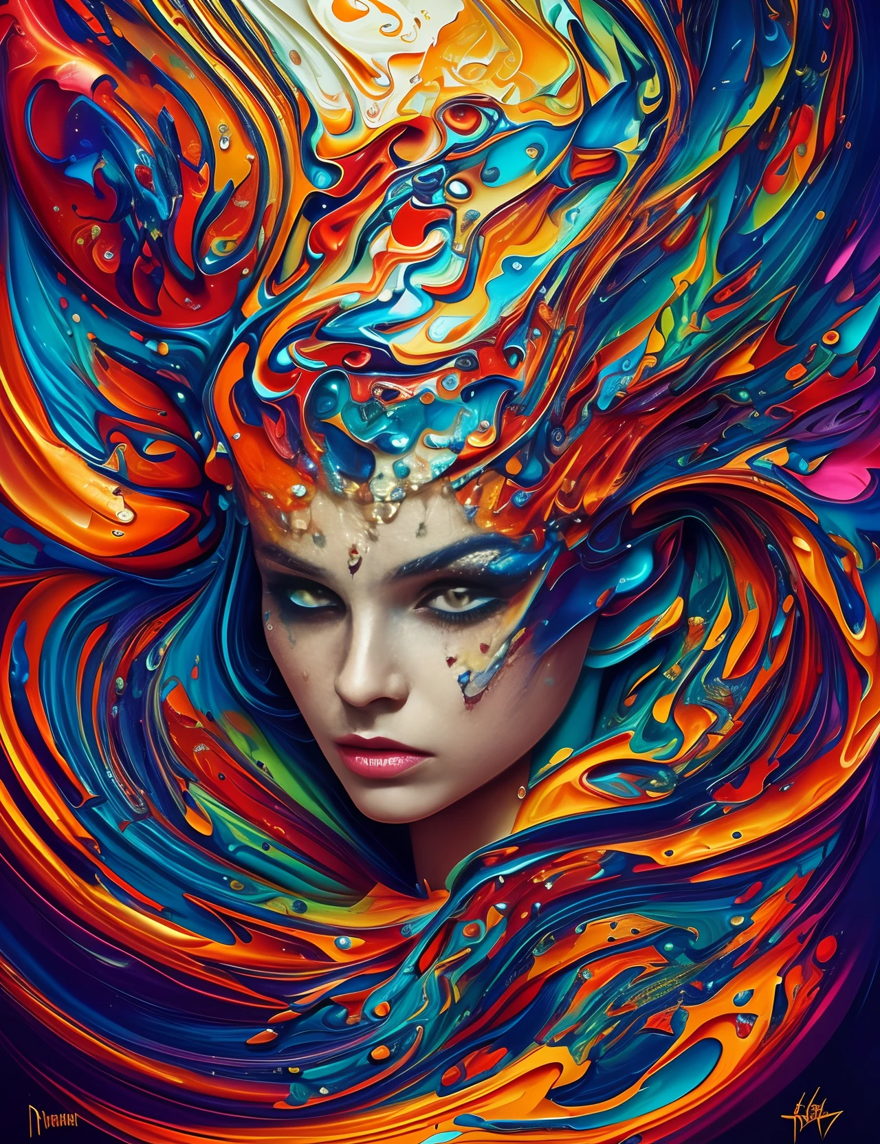 a liquid portrait of a Vampire Queen face made of colours, muscles and movement, charging, splash style of colourful paint, hyperdetailed intricately detailed, fantastical, intricate detail, splash screen, complementary colours, liquid, gooey, slime, splashy, fantasy, concept art, 8k resolution, masterpiece, melting, complex backgrounddark art, digital art, intricate, oil on canvas, masterpiece, expert, insanely detailed, 4k resolution, fairy tale illustration, dramatic --auto --s2