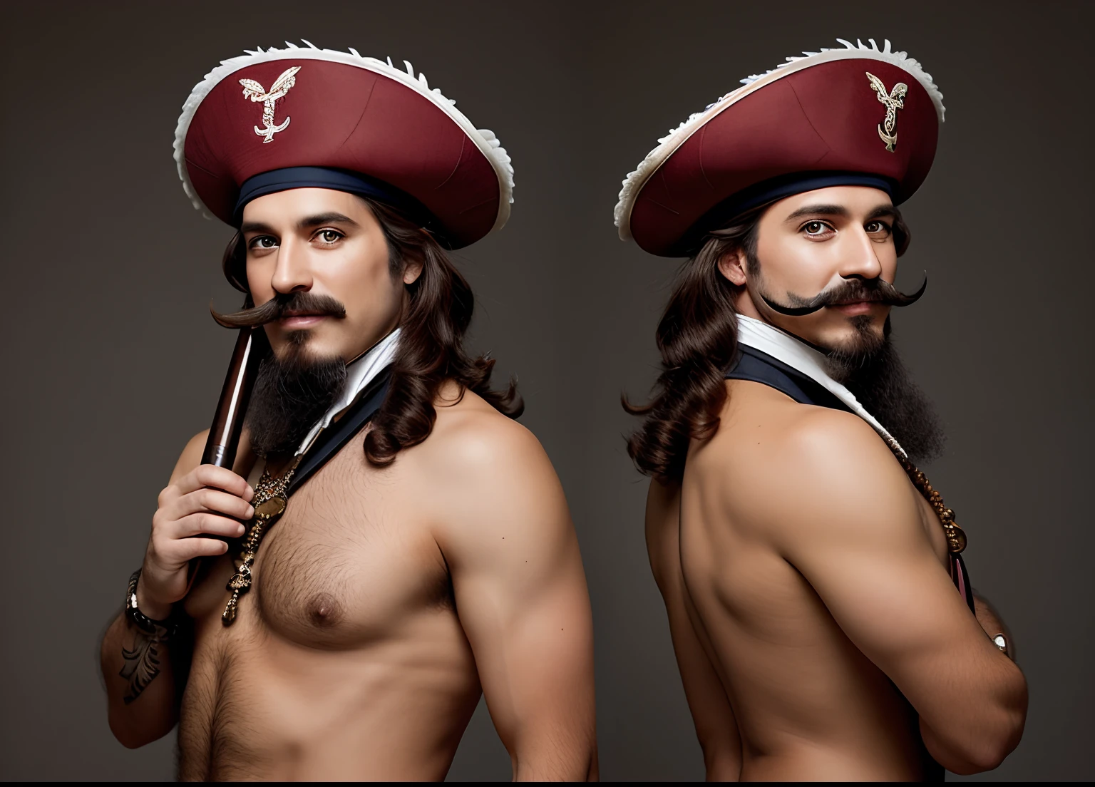 A photographic style character turnaround of a an 1800's flamboyant pirate captain with a big feather in his hat and a peg leg. Parrot, eyepatch, mustache, grin, highly detailed face. Multiple views of the same character in the same outfit, (15Charturn_longCap_D: .5), art by smoose2, ANALOG STYLE, MODELSHOOT STYLE, NSFW, NUDITY