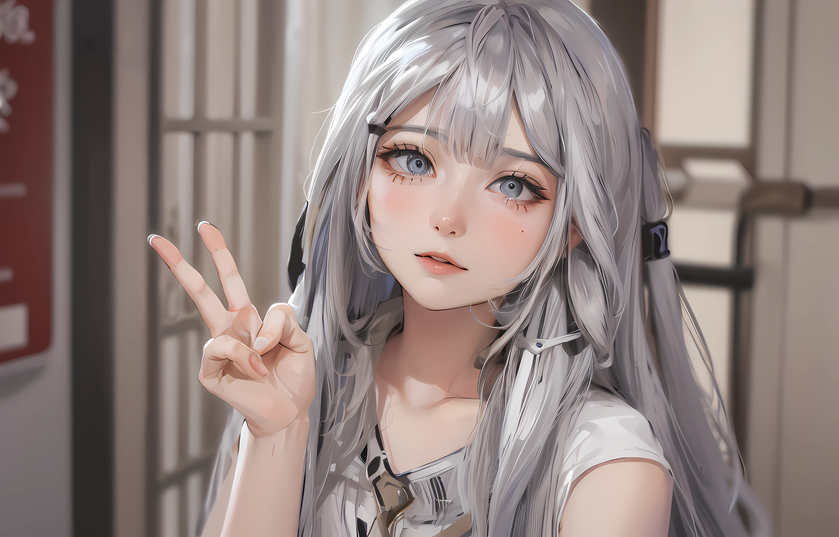 a close up of a person with long hair and a peace sign, anime girl cosplay, anime cosplay, anime girl, girl silver hair, anime girl in real life, silver hair girl, ahegao face, anime inspired, cute natural anime face, with white long hair, with long white hair, Vtuber, Vestia Zeta from Hololive