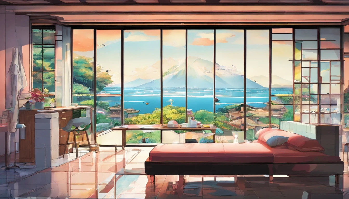 (obra prima) (ultrarealista) house of glass, paisagem ampla, casal e menina