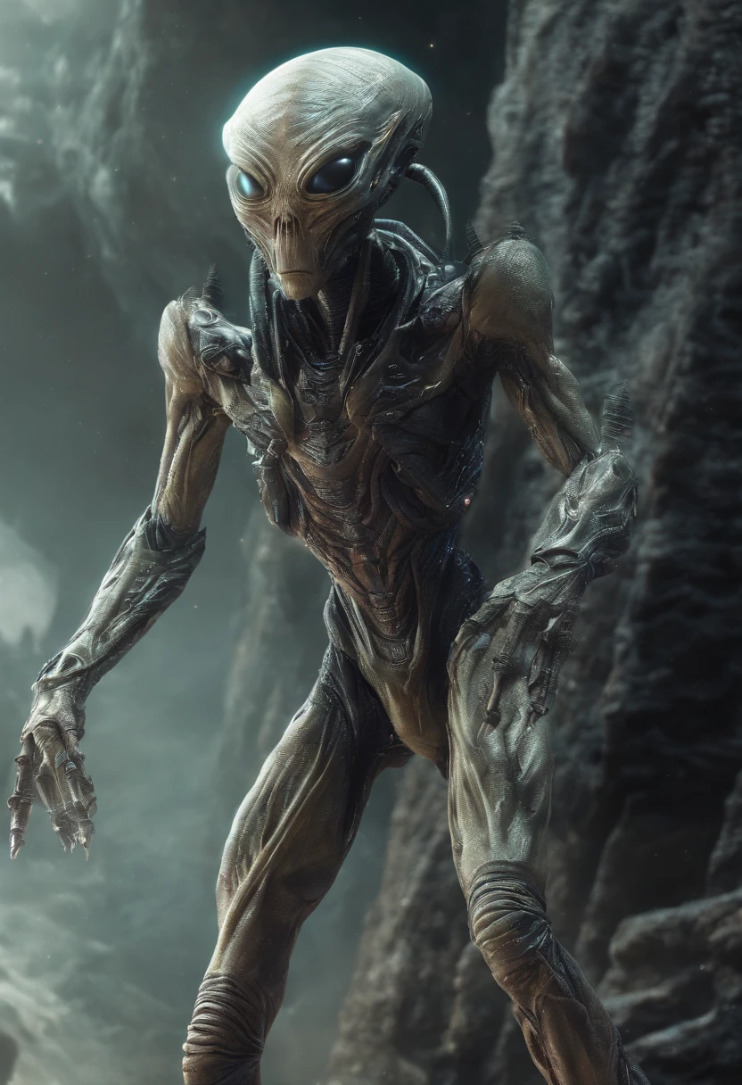 Two aliens on a barren planet alien plants，A physique and appearance that is very different from that of humans，A real sense of oppression，Super textured，Super light and shadow，realisticlying，close-up all over the body，Peculiar skin texture，