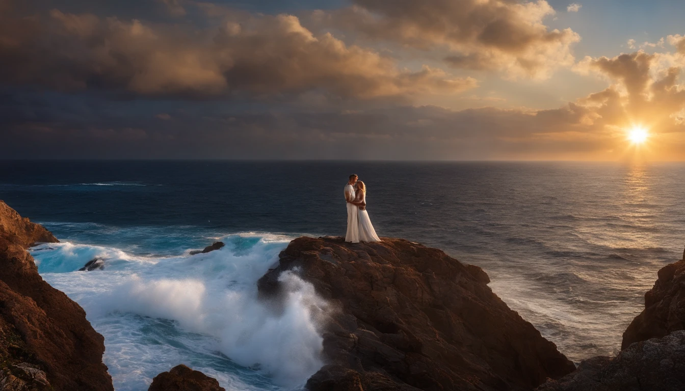 Athena and Poseidon standing on a cliff, com vista para um vasto oceano. Athena, with his piercing blue eyes and flowing silver hair, exudes wisdom and grace. Poseidon, with her bold red hair and powerful presence, encarna o poder do mar. The scene is beautifully lit, with the sun casting a soft glow on the waves. AO LONGE VELEIROS