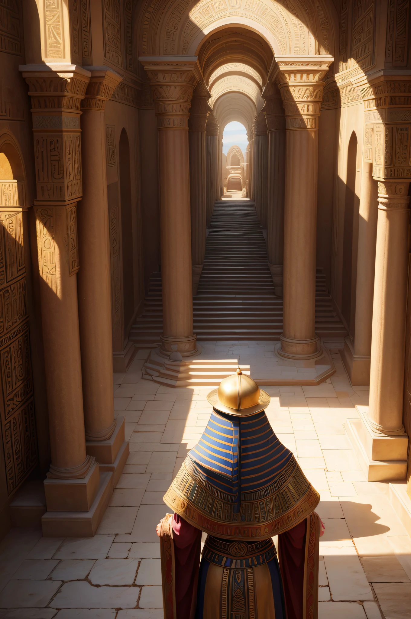 Infinite landscape from biblical times, (best quality, 8k), HDR, realistic colors, masterpiece:1.2, ultra-detailed, ancient Egypt, desert oasis, majestic palm trees, golden sand dunes, vibrant tapestries, hieroglyphics, ancient temples, bustling Egyptian market, grand pyramids, Pharaoh's palace, Nile River, mystical sunset, dramatic shadows, ethereal light, opulent architecture, regal statues, ancient royal court, Joseph's colorful coat, mystical dreams, divine intervention.