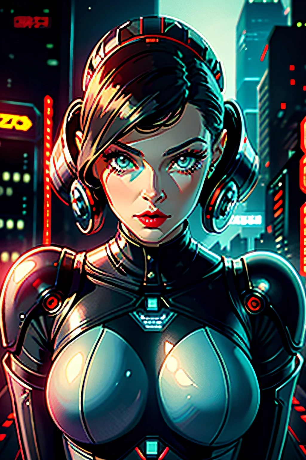 Close-up of a woman wearing a futuristic helmet and red lipstick, cyberpunk jackie welles, cgsociety 9, Style = retro-futurism, beautiful android woman, portrait of female android, Vintage futuristic fashion, cinematic ligh《bladerunner》Still, female cyborg in data center, Möbius aesthetics, movie still of a alien cyborg, depicted as a scifi scene