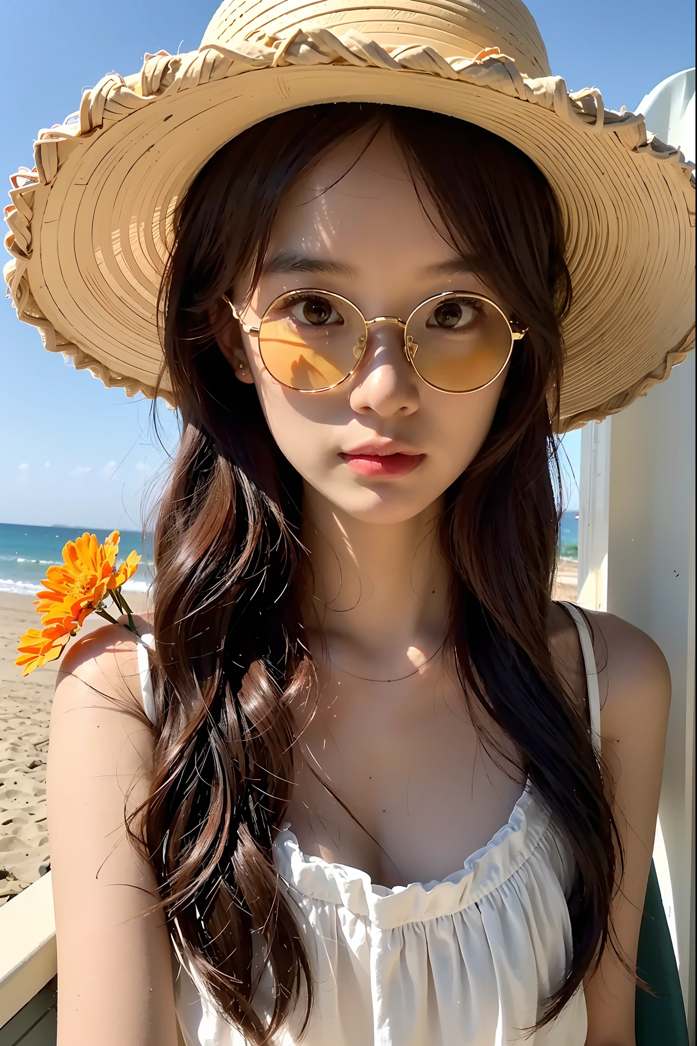 1girll, Solo, Extremely detailed eyes, starfish, seashell, shells, flower, Hat, hair adornments, jewelry, Straw hat, view the viewer, sunglasses, hatflower, drinking straw, hair pin, Earrings, Red flower, Colored glasses, yellowflower, bangs, English text, multicolored hair, orangeflower, Black hair, ring, Ccup, Long hair, orange-tinted eyewear, food, Brown hair, Portrait, shell hair ornament