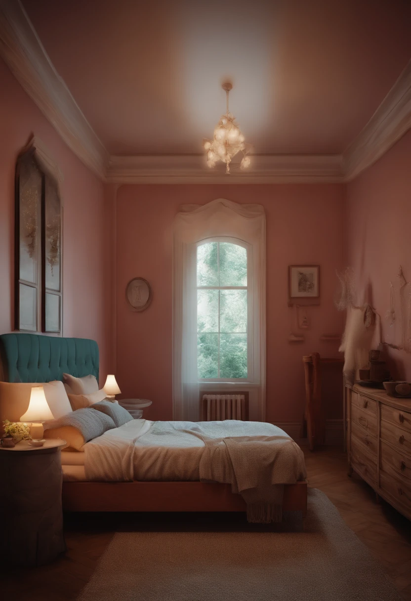 there is a  room with a bed, a couch, a mirror and a window, ghostly teenager bedroom, ghost room, full scene camera shot, photograph of 3d ios room, unsettling photo, 3 d image, photorealistic room, photoscanned, distorted photo, , photoralistic rendering