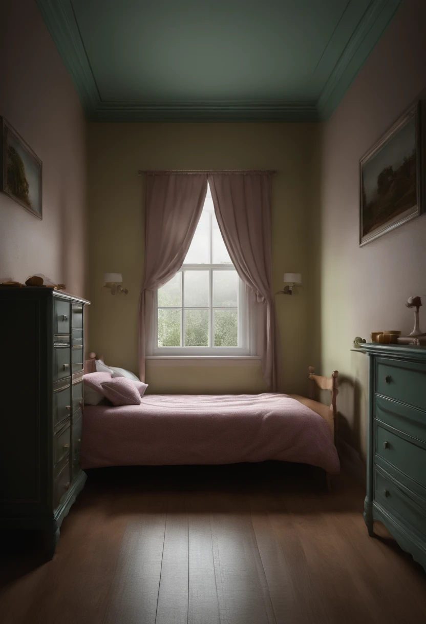 there is a  room with a bed, a couch, a mirror and a window, ghostly teenager bedroom, ghost room, full scene camera shot, photograph of 3d ios room, unsettling photo, 3 d image, photorealistic room, photoscanned, distorted photo, , photoralistic rendering