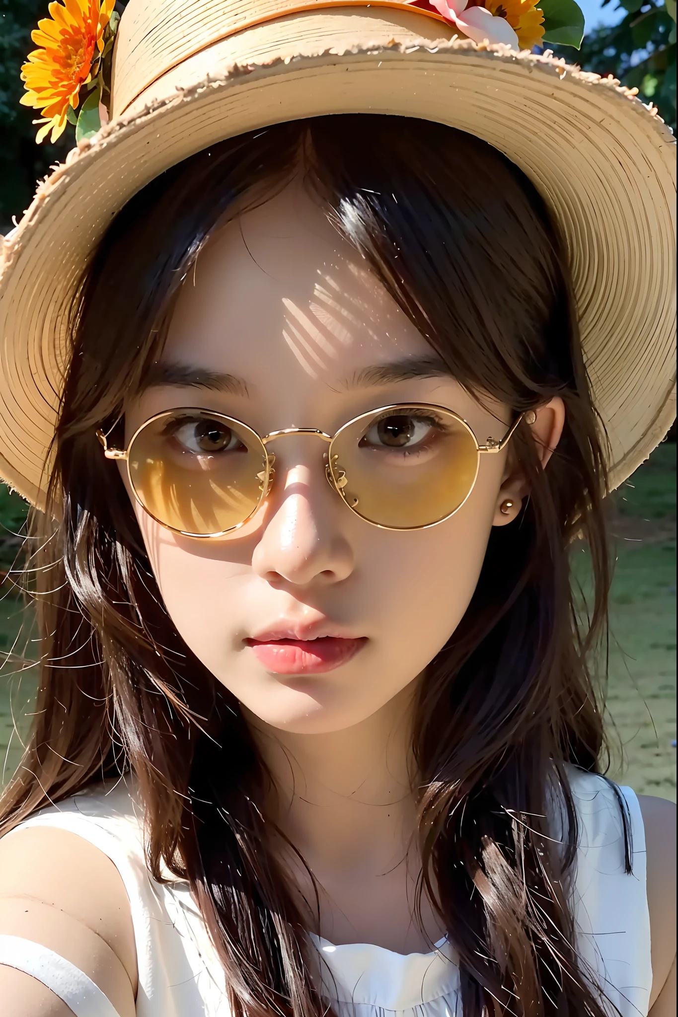 1girll, Solo, Extremely detailed eyes, starfish, seashell, shells, flower, Hat, hair adornments, jewelry, Straw hat, view the viewer, sunglasses, hatflower, drinking straw, hair pin, Earrings, Red flower, Colored glasses, yellowflower, bangs, English text, multicolored hair, orangeflower, Black hair, ring, Ccup, Long hair, orange-tinted eyewear, food, Brown hair, Portrait, shell hair ornament