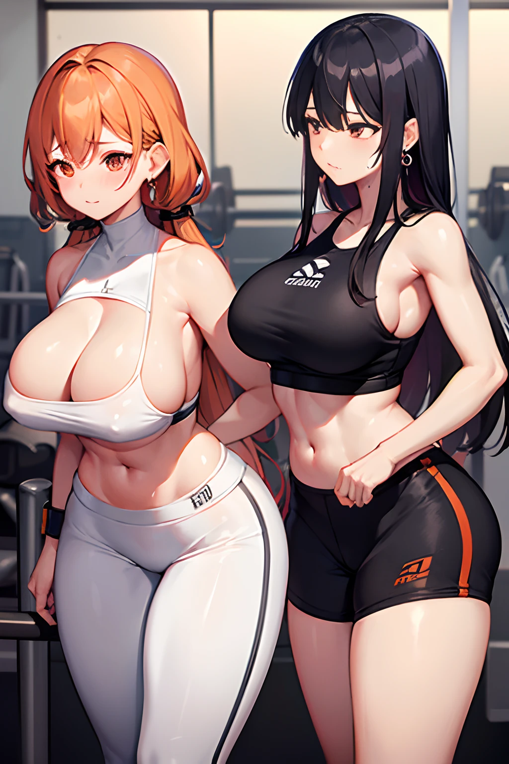 fitness gym、full of sweat、Black Fitness Wear　Use English characters、Rose pattern　White leggings、White running shoes、Navel Ejection、 orange colors　Wavy Hair、wrist watch、Colossal tits、s ass　facing back、Two Women、Sphere Earrings