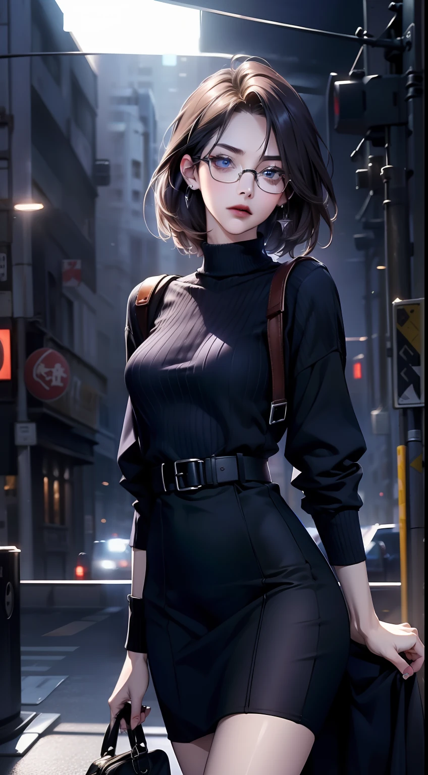 (Cinematic Digital Artwork: 1.3), High quality, masutepiece, of the highest quality, Super Detail, Illustration, [4K Digital Art]、(Moody lighting:1.2), depth of fields, Bokeh, 4K, nffsw. by Masterpiece, Best Quality, Night, Back alleys in the city, 1 woman, gray blue eyes, Light pink lips, Cold, Serious, Empty color, Small breasts, Lean-cheeked, Seductive face、 Realistic pores of the body,  (Blue eyes: 0.8), Beautiful adult face, 40 I, soft volumetric lights, (Back lighting: 1.3), (Cinematic: 1.3), Intricate details, (art  stations: 1.3), Dark hair、Pixie Short、Forehead、Date glasses、Short、Tiny、 slender, cum in ,straight haired, Glasses , Sweater dress with vertical ribbed fabric、skiny、Pin Heel Sandals、beauty legs、garterbelts