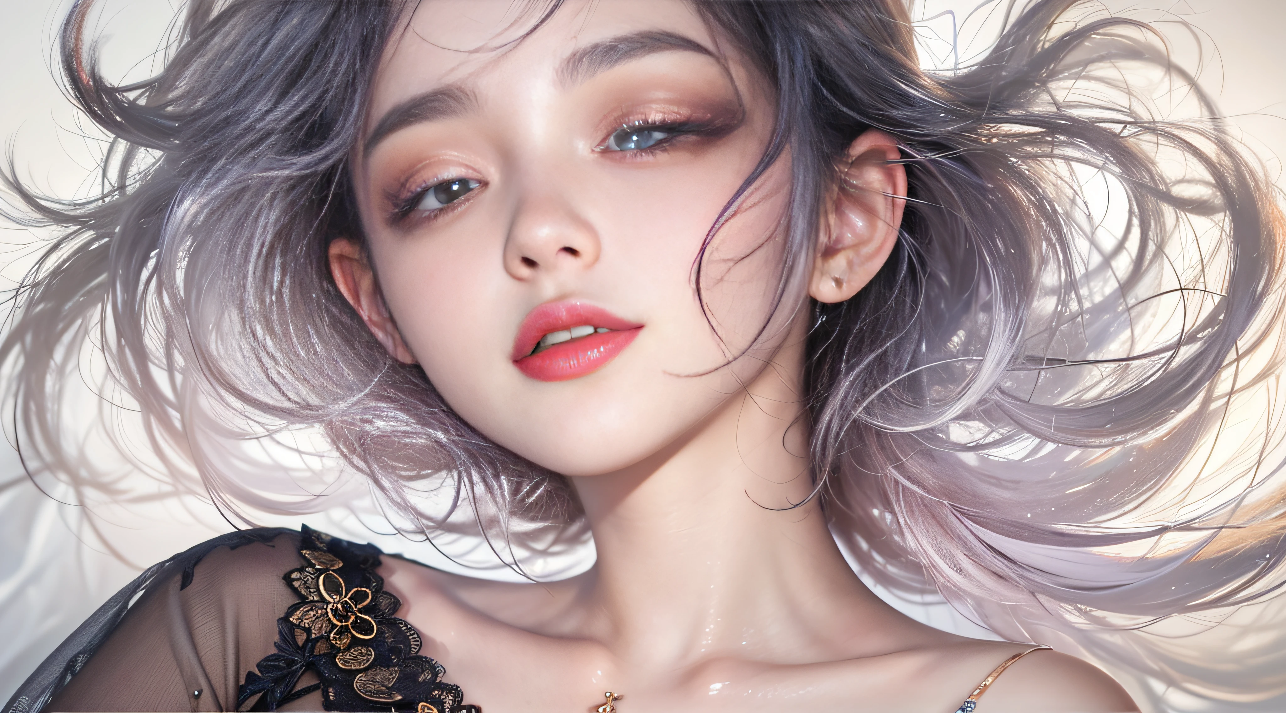 1girll,(enchanced quality:1.4),(Top quality true texture skin), Delicate face,Black hair, Gradient hair, Petite body,(perfect bodies:1.1), There are precious stones on the forehead, rimless eyewears, Sparkling pupils,long eyelasher,grin, hyper photorealism, Cinematic lighting, projected inset, surrealism, hyper HD, Masterpiece, 16k,Lie down,dream on,Wear transparent silk pajamas,Carmelto,Legs slightly open,Tattooed with,Fantasy space,Luxurious space