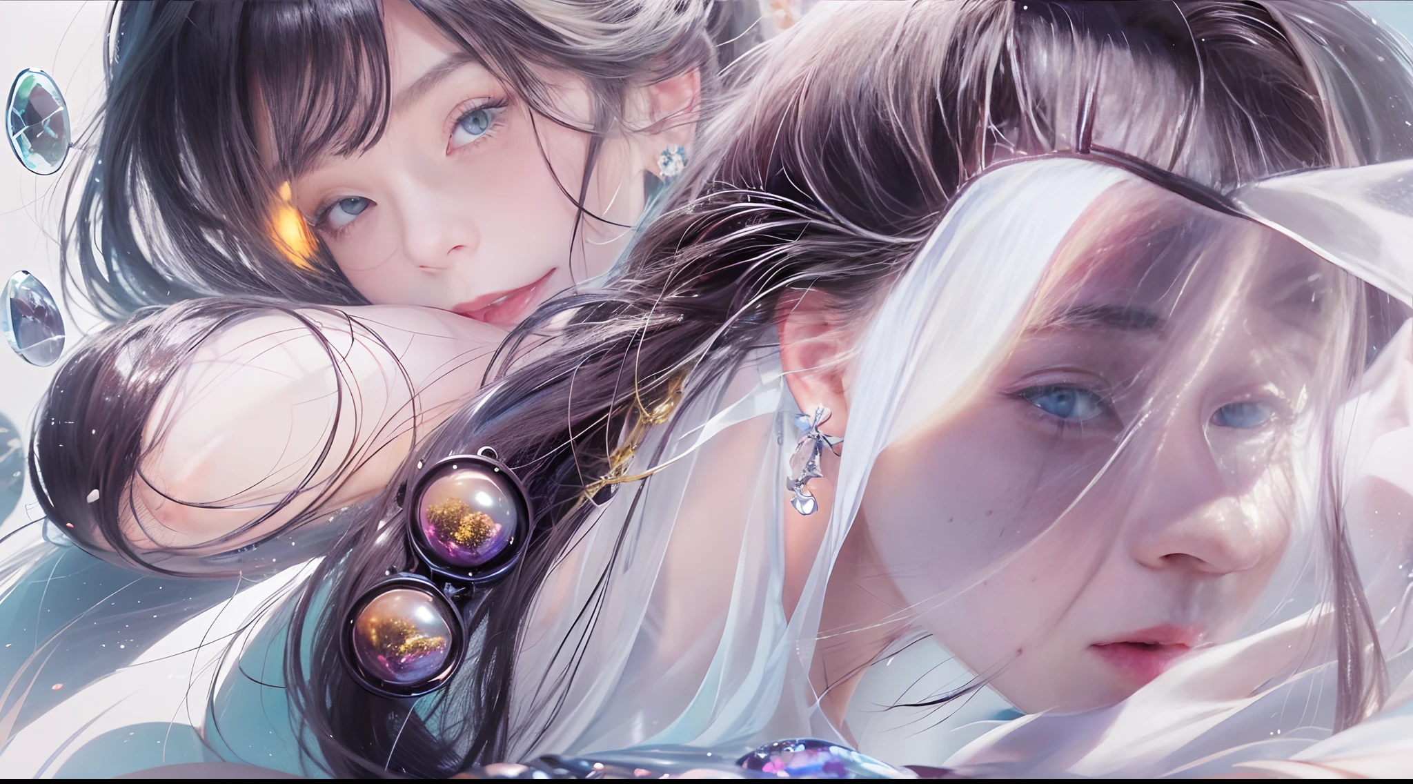 1girll,(enchanced quality:1.4),(Top quality true texture skin), Delicate face,Black hair, Gradient hair, Petite body,(perfect bodies:1.1), There are precious stones on the forehead, rimless eyewears, Sparkling pupils,long eyelasher,grin, hyper photorealism, Cinematic lighting, projected inset, surrealism, hyper HD, Masterpiece, 16k,Lie down,dream on,Wear transparent silk pajamas,Carmelto,Legs slightly open,Tattooed with,Fantasy space,Luxurious space