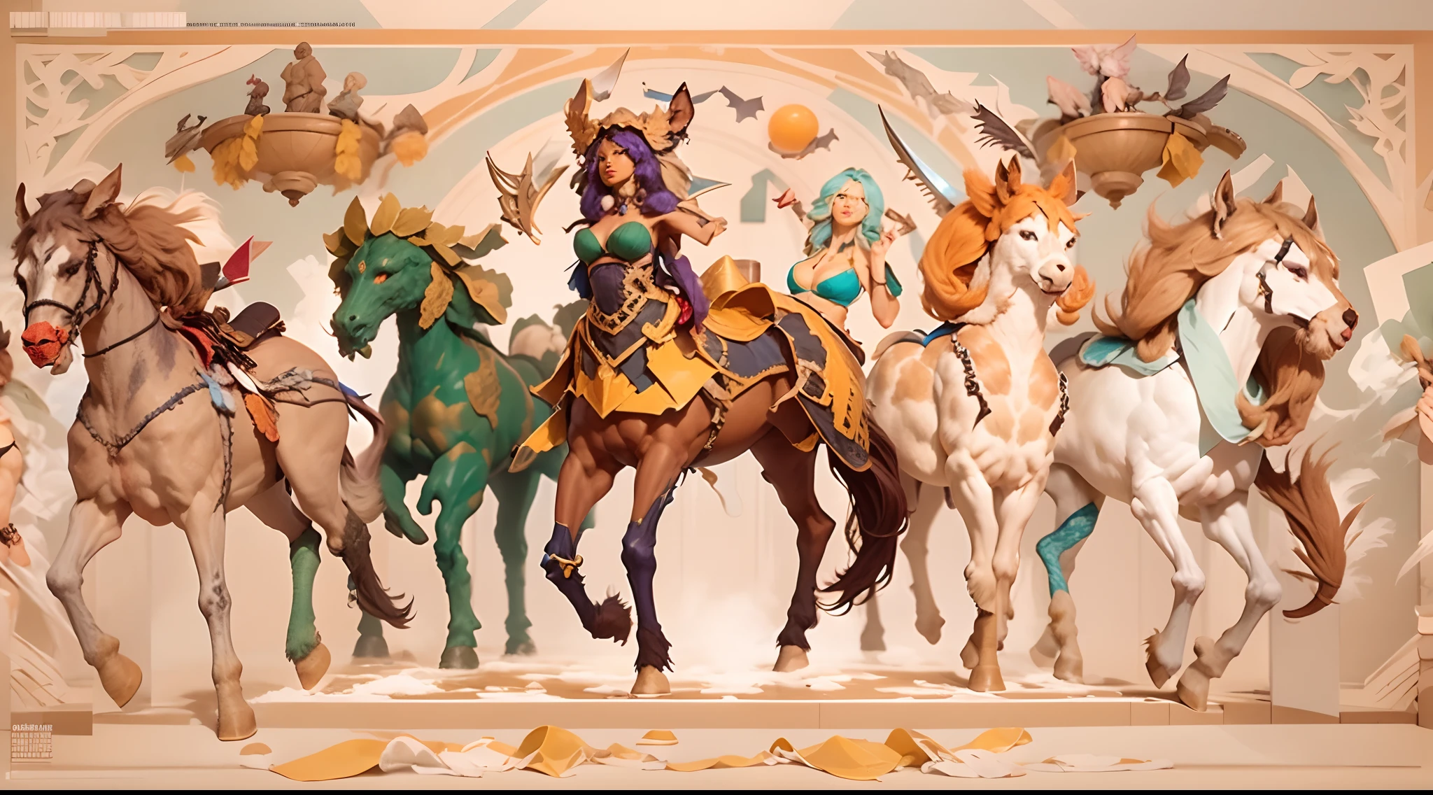 In the beautiful illustration of this super-grand scene，The ultra-distant lens shows us（Over eight separate and distinctive centaur characters：9.9），They all have their own characteristics，Vivid and interesting。Radiant from the heavens（Angelic centaurs：6.6），To nightmarish is（Centaurs surrounded by flames：6.6）、And then to the wind dancing in the air（Fairy centaurs：6.6）、And thunder and lightning surrounding（One-horned centaur：6.6），and shining metallic ones（Mechanical style centaur：6.6）、And then（A centaur with colorful dragon scales covering the whole body：6.6）The power is powerful、Elegant and agile（Elf centaur's slenderness：6.6）Gracefully wears a flower crown、Enchanting and charming（Tiflin centaurs：6.6）、Have the indescribable（Raised sexy：6.6）'s（Succubus centaurs：6.6）。Each character has their own unique charms and abilities。The illustration uses advanced artistic techniques and tools，（Use nesting、woven、stitching、ssee-through、arrange、grouping、Storyboards and other methods，Divide the scene into sections by geometric arrangement：9.9），Each section corresponds to a centaur character，This makes more efficient use of space。Through Midjourney's advanced brush tools、Color palette、Material packs and model packs、Texture tools，For each centaur, beautiful props are designed to increase racial characteristics、Clothing and physical features，（Enhances the character's personality and visual appeal：2.5），The scenery in the illustrations is stunning，There are changing skies、rainbowing、extreme light、Stars and Moon。Incorporating iconic landmarks such as Mount Everest，and fireworks、tranquil lake、Natural and urban elements of waves and neon lights，Creates a magical atmosphere，The centaurs display their unique abilities and equipment in a variety of environments，This is true even in extreme alien landscapes。（Use Midjourney's tools、Material packs、Texture tools、The color palette makes depicting details vivid and realistic：9.9），From complex hairstyles and as well as different racial traits、Body、Ap