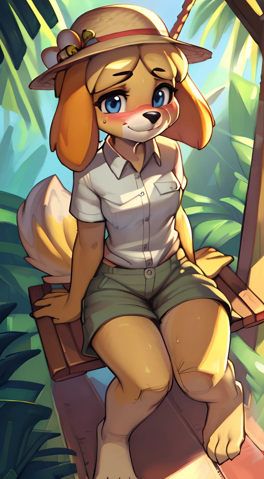 [isaCrossing], [Isabelle; Animal Crossing], [Uploaded to e621.net; (Pixelsketcher), (wamudraws)], ((masterpiece)), ((solo portrait)), ((bird's-eye view)), ((furry; anthro)), ((detailed fur)), ((detailed shading)), ((beautiful render art)), {anthro; (yellow fur, black nose), small brown eyebrows, cute surprised blue eyes, cute smile, (blushing), (sweat on face), blonde hair, fluffy tail, (beautiful feet)}, {(straw hat), (bells on hat), (white button-up shirt), small boobs, (khaki shorts)}, {(sitting on swing), (looking back) (pigeon-toed)}, [background; (tropical trees), (safari), (sun rays)]