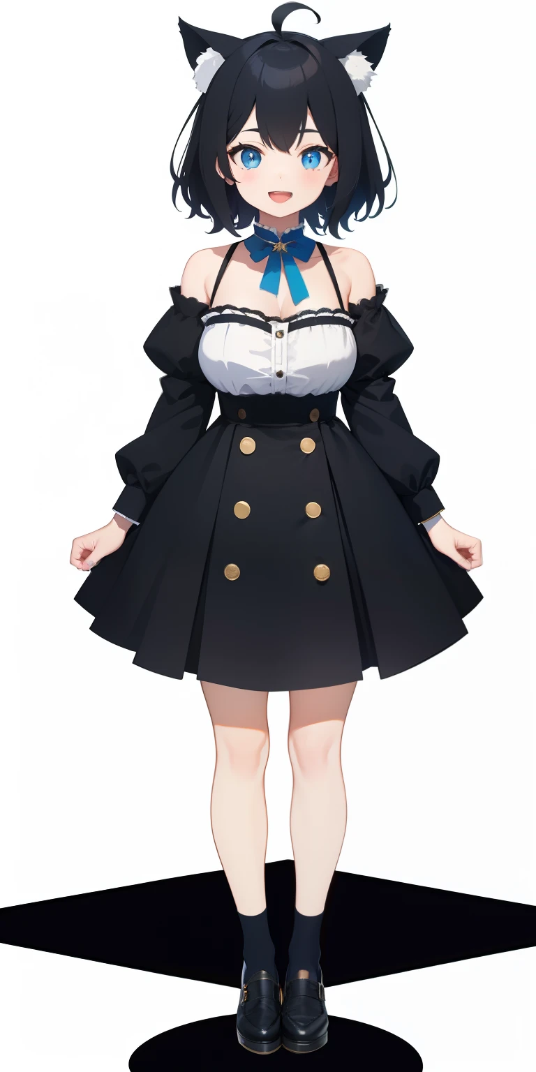 Full body,((Upright)), ((Arms at sides)), Looking at Viewer, simple background、White background, 1girl in, Open mouth, Smile, Virtual Youtuber、girl with、((Best Quality, high_resolution, Distinct_image)),(Black hair), (Black cat ears), (Ahoge), (absurdly short hair), (Wavy Hair), (Blue eyes),、A smile、Very big breasts,(wearing shoes on feet)、concept-art、View Viewer。Clothes with a view of cleavage。