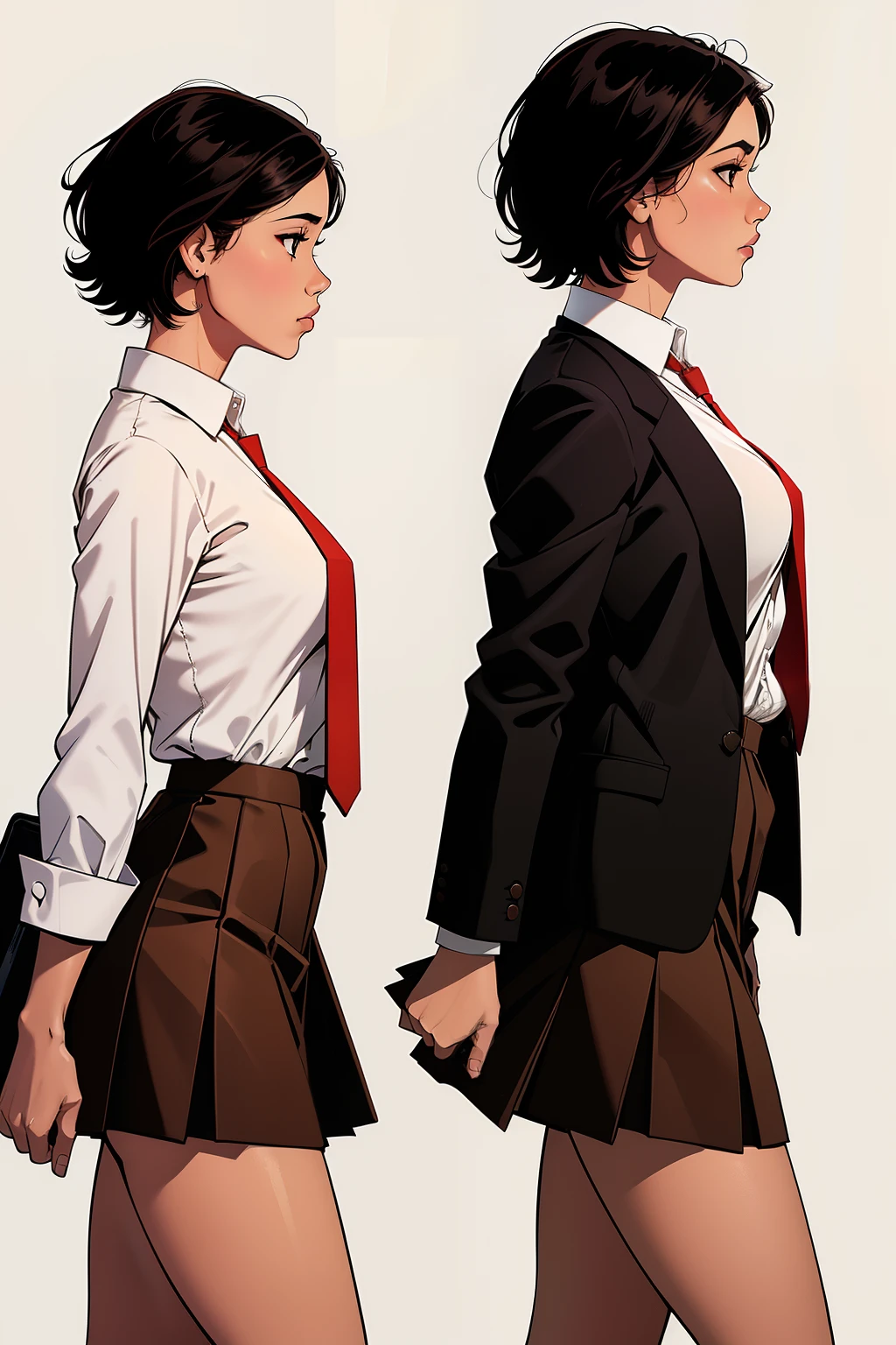 side view, woman, short black hair, wearing a brown office jacket, white shirt, red tie, brown office skirt, walking, no background,