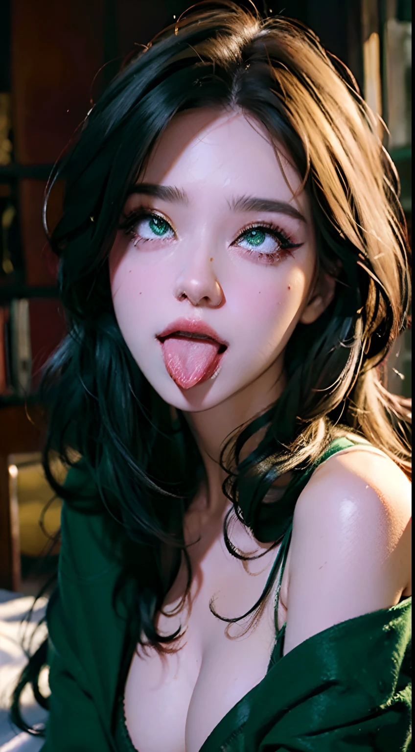 Best Quality, Masterpiece, Ultra High Resolution, (Realisticity: 1.4), Original Photo, 1Girl, Green Eyes, Off-the-Shoulders, Cinematic Lighting, rolling eyes, ahegao, ahg, tongue out