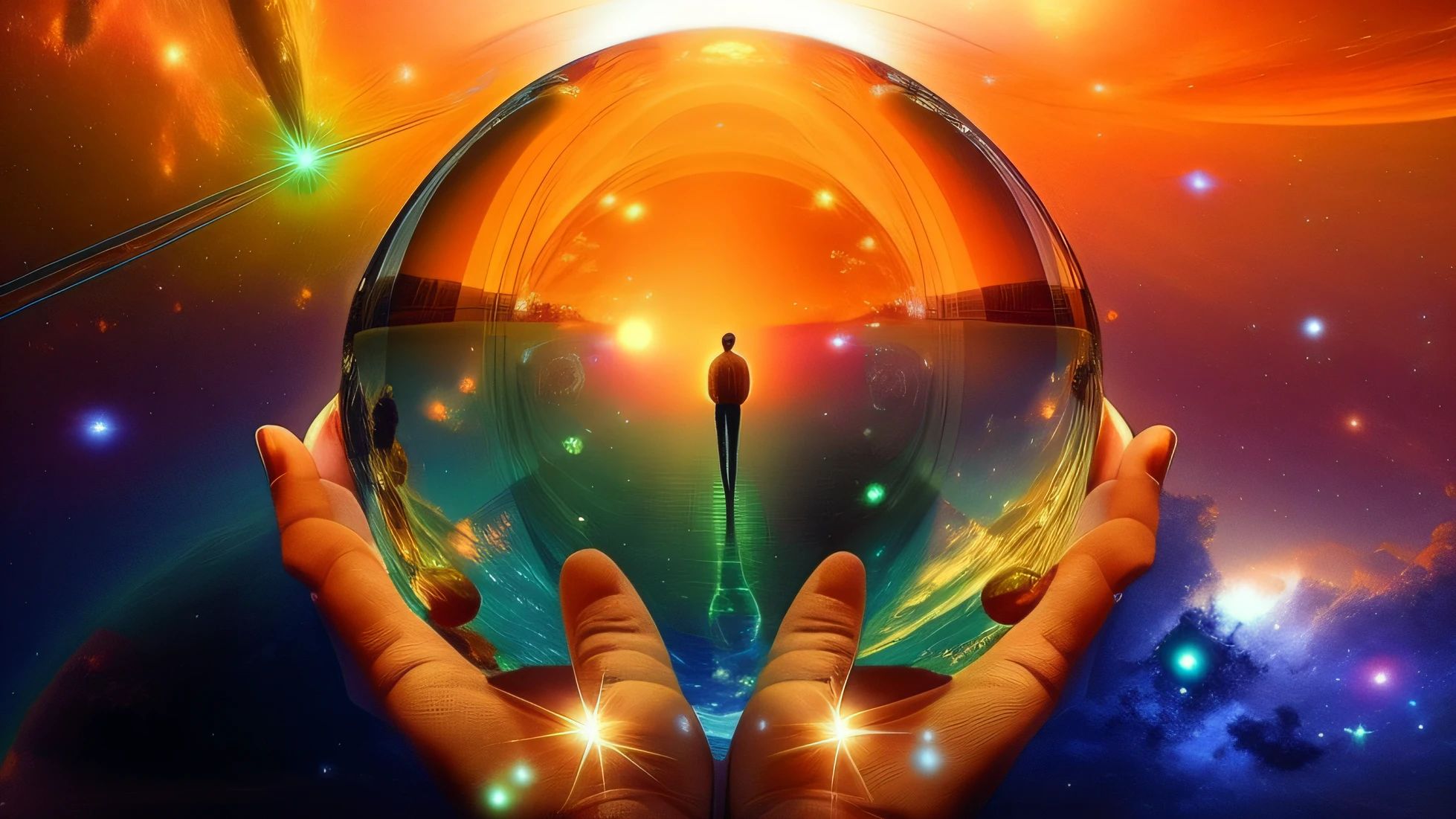 a person holding a crystal ball in his hands with a background of space, consciousness projection, segurando uma bola de cristal, segurando uma esfera brilhante de dados, Prever o futuro, segurando um planeta, hands holding big glowing orbs, visuais de outro mundo, no multiverso, digital visionary art, distributed consciousness, All these worlds are yours, um ser interdimensional, astral projection. imagem com tamanho de rells intagram