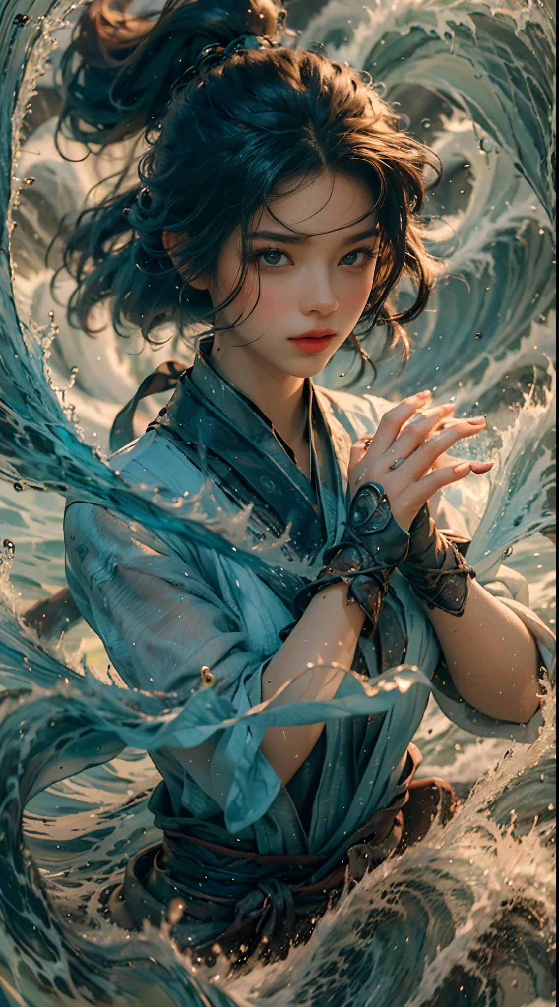 (Best quality,8K,High-res,Masterpiece:1.2),aquarelle,1girll,Solo,Black hair,water,Waves,Lips,Upper body，dynamicposes.