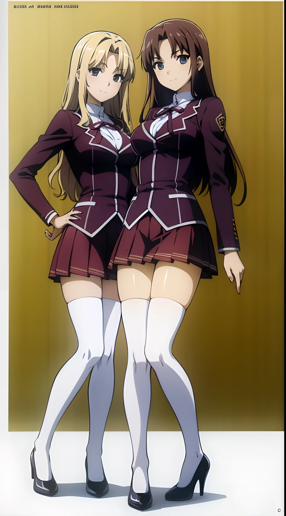 Masterpiece, high quality, 2girls, duo, identical twins, identical sisters, brown hair, curly hair, matching hairstyles, hazel eyes, medium sized bust, (school uniform, sexy school uniform, blazer, lace section, ribbon, rainbow short skirt, white thigh-high socks, black high heels, matching outfits), smile, flat_color, full body, seductive pose, duo pose