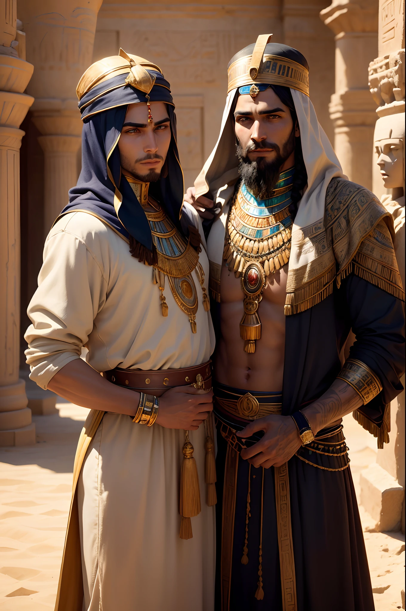 (create background image): egpytian background, ancient egypt, sand dunes, pyramids, palm trees, river nile, golden sun, vibrant colors
(joseph's brothers): group of men, diverse appearances, middle eastern features, bearded, richly dressed, distinct colors and patterns, expressive eyes
(interacting): talking, gesturing, friendly, joyful expressions, laughing
(narrative): depicting a scene from egyptian history, reunion of joseph and his brothers, forgiveness and reconciliation, brotherly love
(medium): detailed painting, oil on canvas, classical art, realistic
(artistic style): historical realism, biblical art, old masters, baroque
(color tone): warm tones, earthy hues, rich gold, desert colors, deep blues for the river nile
(light): golden sunlight, casting soft shadows, dramatic lighting, emphasizing depth and texture
(best quality, highres): high-resolution, ultra-detailed, capturing every intricate detail, crisp lines
(vivid colors): vibrant color palette, bold contrasts, lively and eye-catching
(storytelling): capturing the emotional moment, conveying the bond between brothers, powerful and captivating composition
(decorative elements): hieroglyphs and ancient symbols in the background, ornate patterns on clothing, intricate accessories
(cultural significance): depicting egyptian traditions and heritage, showcasing the importance of family and forgiveness
(sense of time): representing ancient egyptian civilization, evoking a sense of history and legacy
(attention to detail): capturing the nuances of facial features, clothing textures, and surroundings, meticulous brushwork
(sense of place): immersing the viewer in the beauty and mystique of ancient egypt, creating a sense of awe and wonder