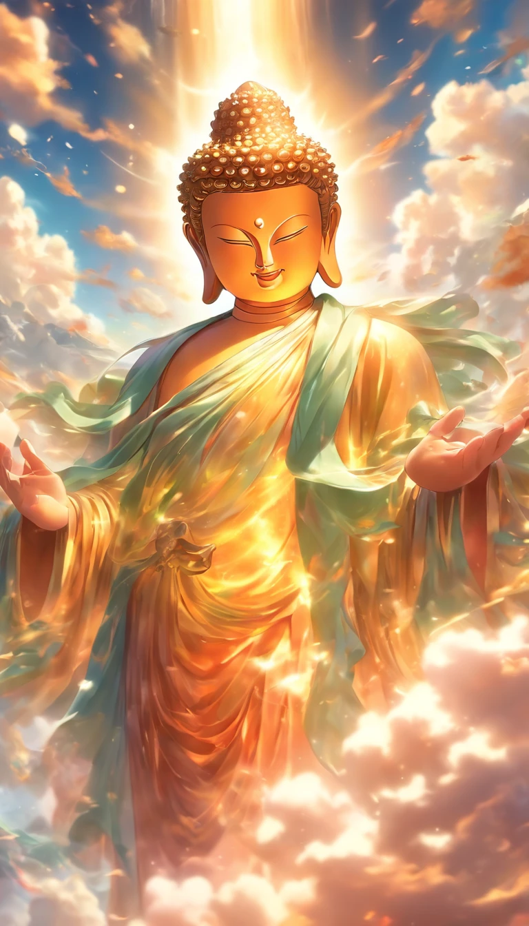 ((Meisterwerk)),(best quality)),Im Porzellan-Stil,am Himmel, Die Wolken bilden eine riesige, transparente, bright white jade maitreya Buddha statue,dicke Wolken,Die Sonne scheint,Pilger unterwegs,hyperrealistisch,Ultra-Foto-Realisim,Echte Photographie,8K,hight resolution,High quality,Werke von Meistern,superfein,(((OC-Renderer)))