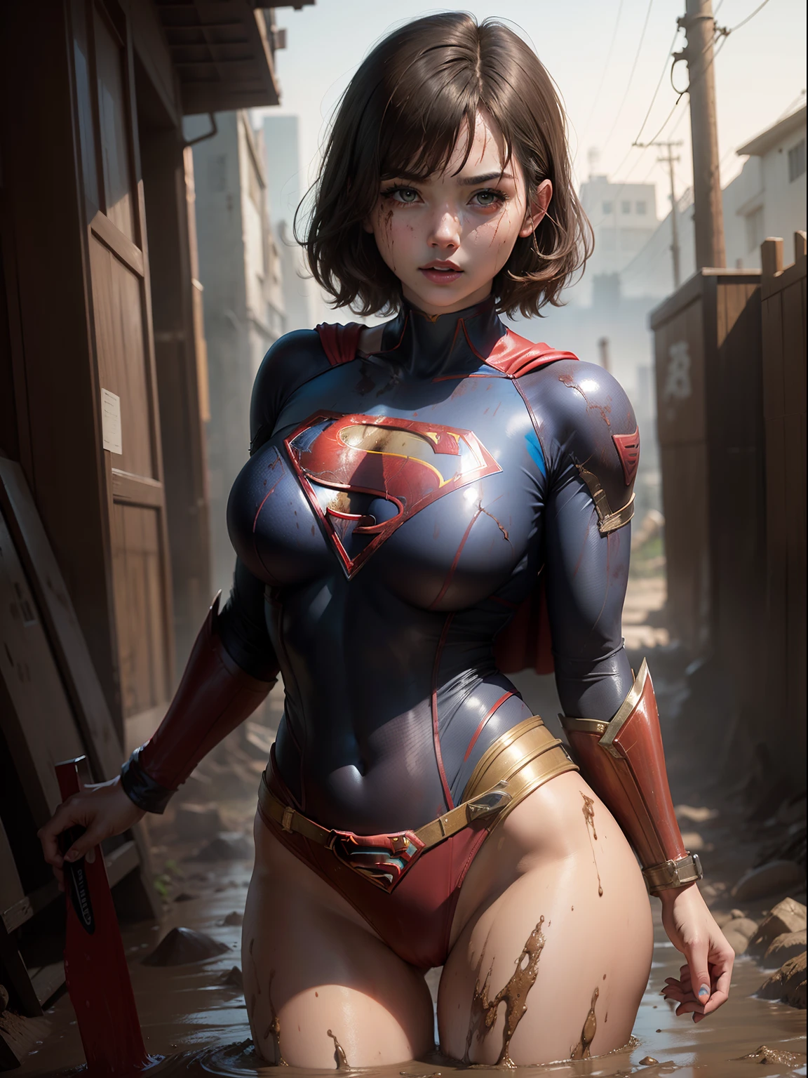 masterpiece、Short-haired Supergirl fell into a quagmire、large full breasts、Looking at the camera、Glossy costume、Crotch、Mud stains、Covered in mud、wounded