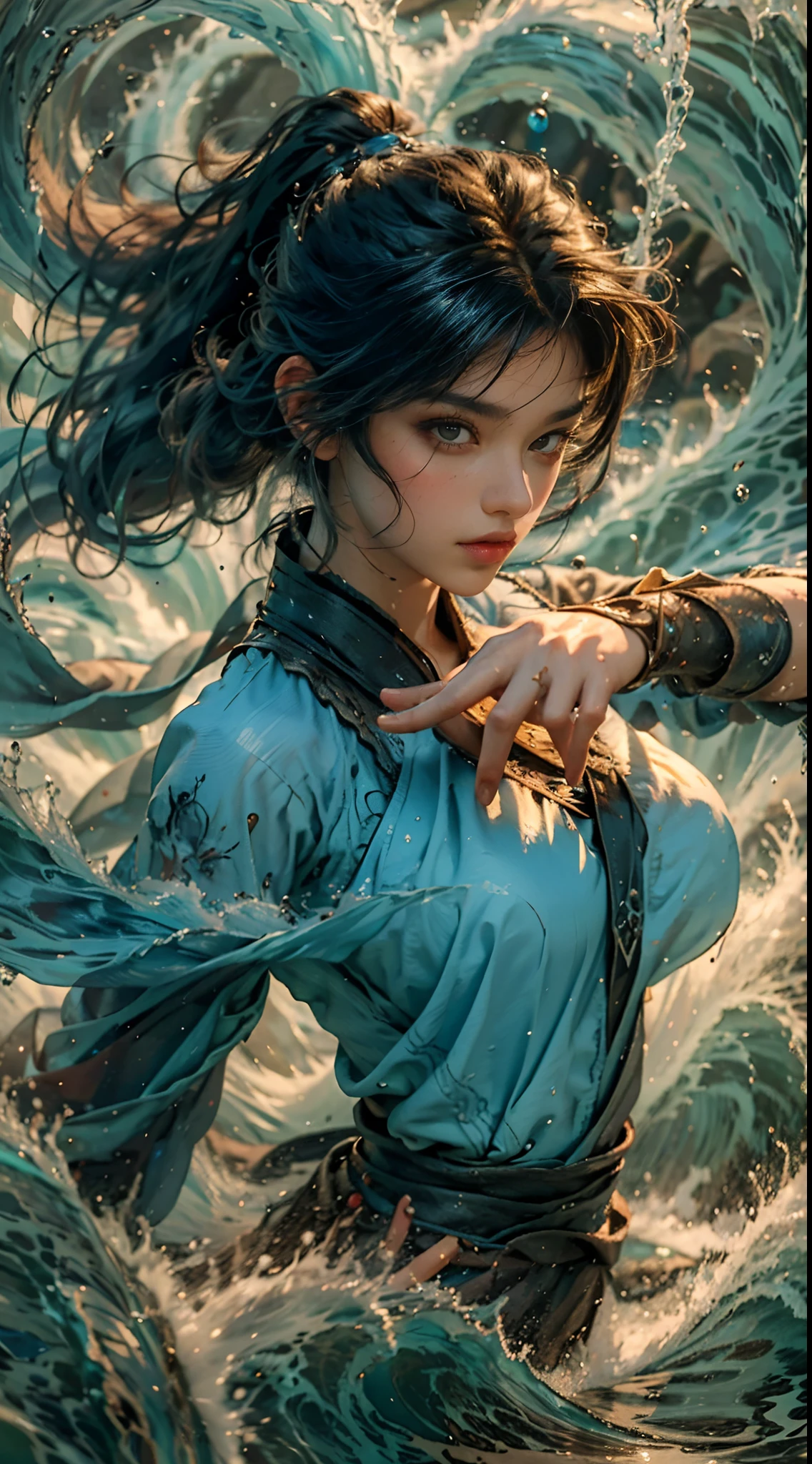 (Best quality,8K,High-res,Masterpiece:1.2),aquarelle,1girll,Solo,Black hair,water,Waves,Lips,Upper body,dynamicposes.