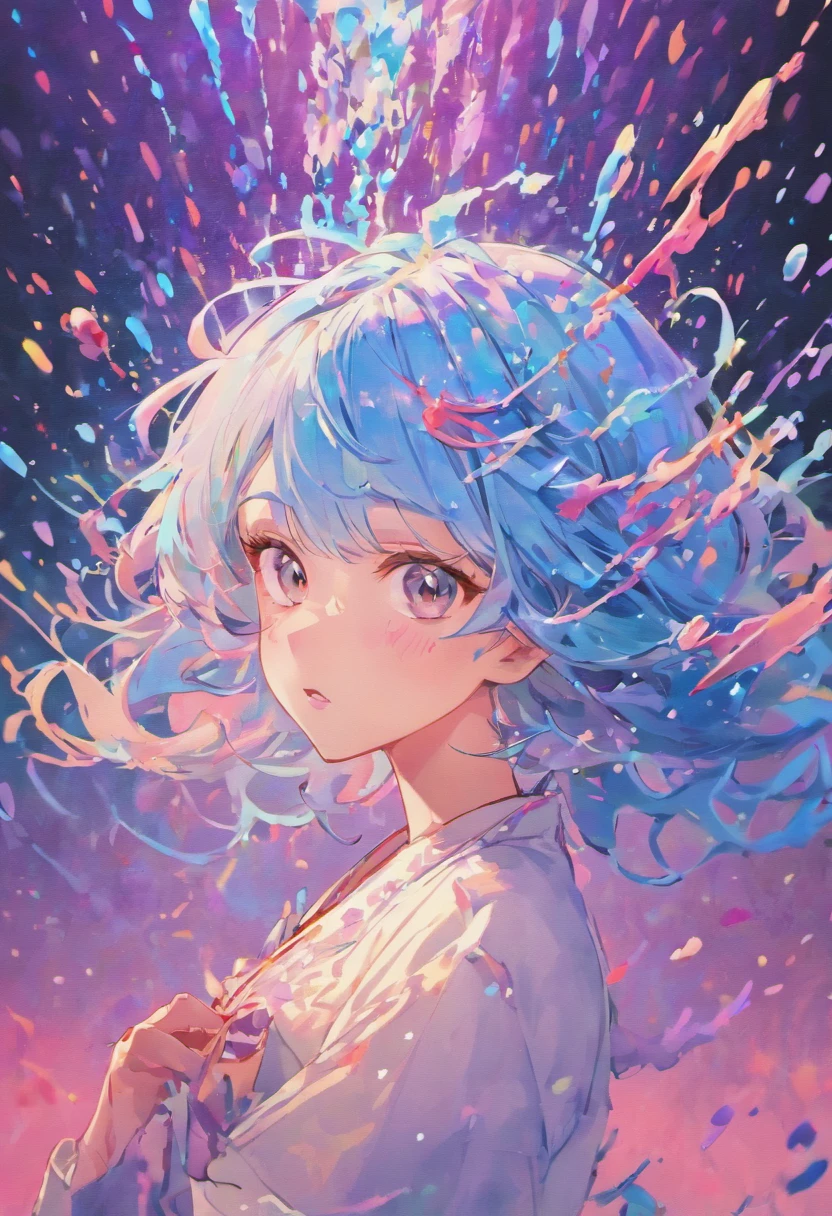 (Masterpiece, Best Quality, High Resolution), White Background, Acrylic Paint, ((Color Splash, Splash of Ink, Color Splash)), Sweet Chinese Girl, Long Light Blue Hair, [Light Blue|Pink] Hair, Curly Hair, Glitter, Peach Lips, White Shirt, Front, Upper Body